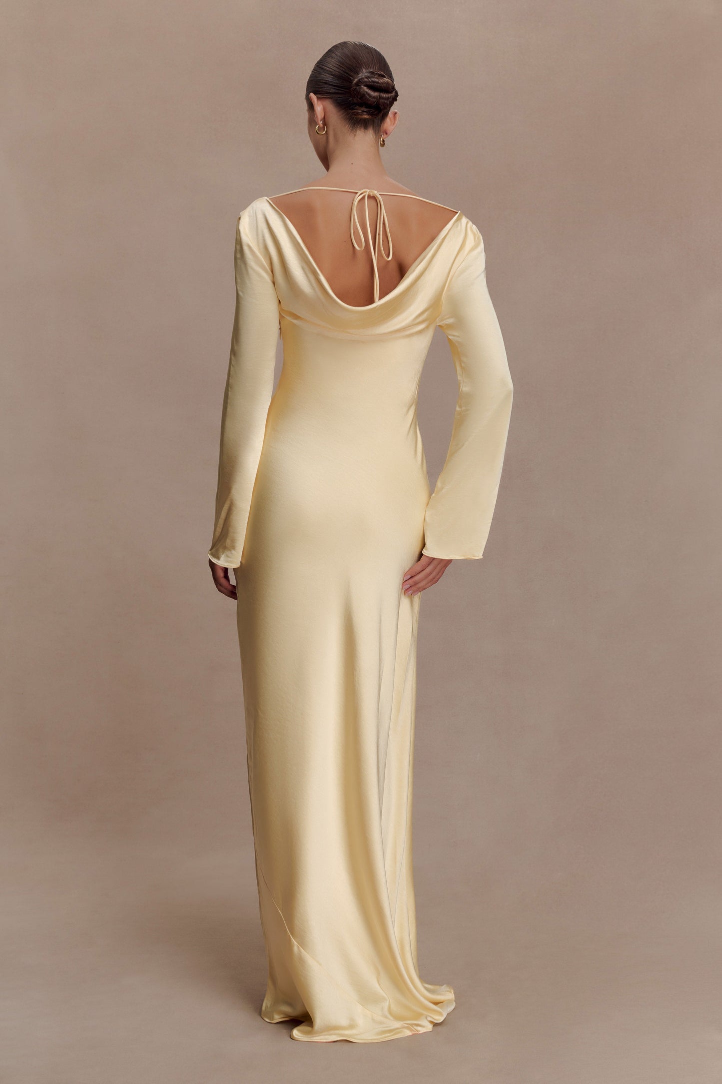 Eliza Long Sleeve Cowl Lace And Satin Maxi Dress - Lemon