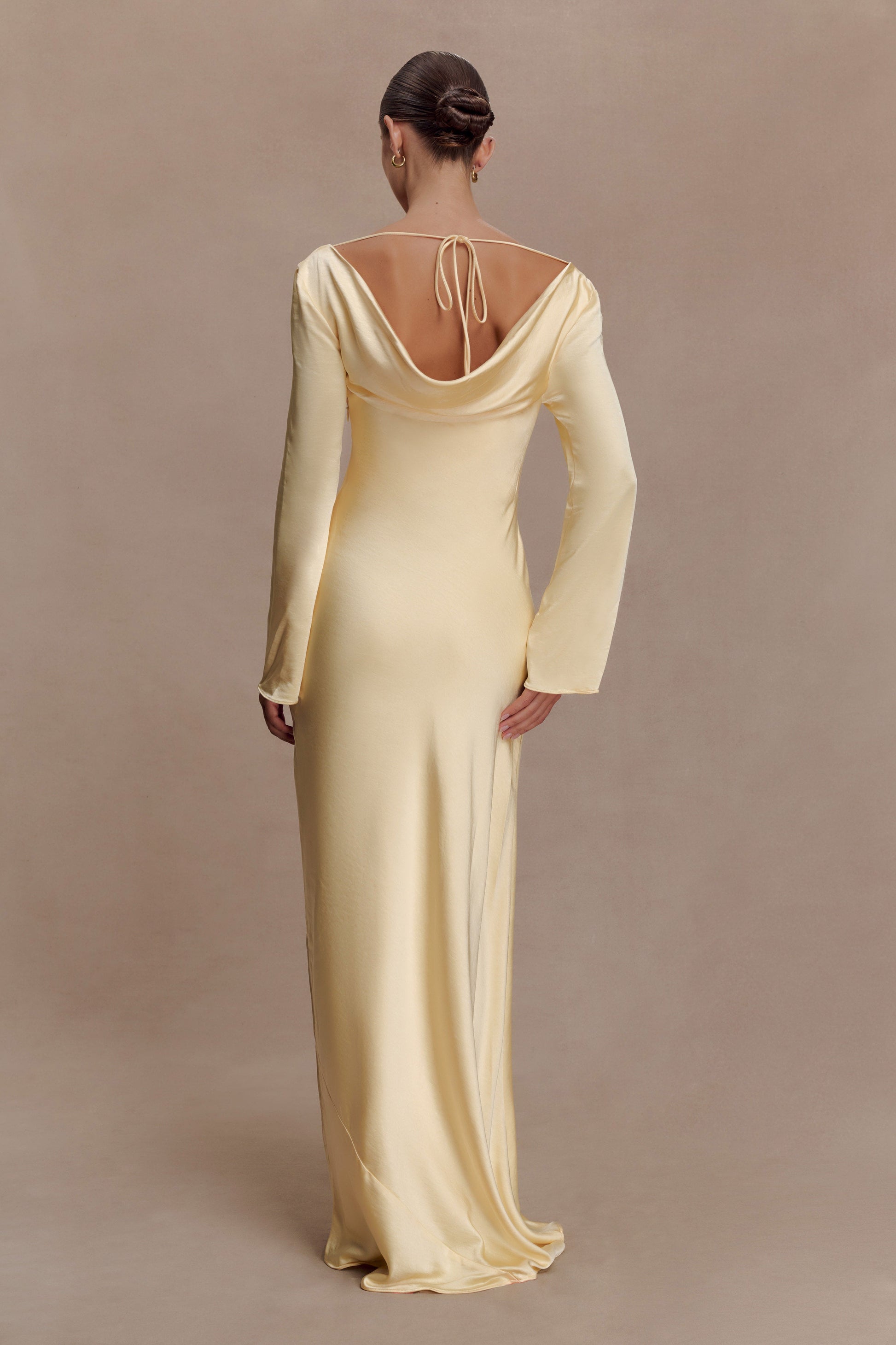 Eliza Long Sleeve Cowl Lace And Satin Maxi Dress - Lemon #4