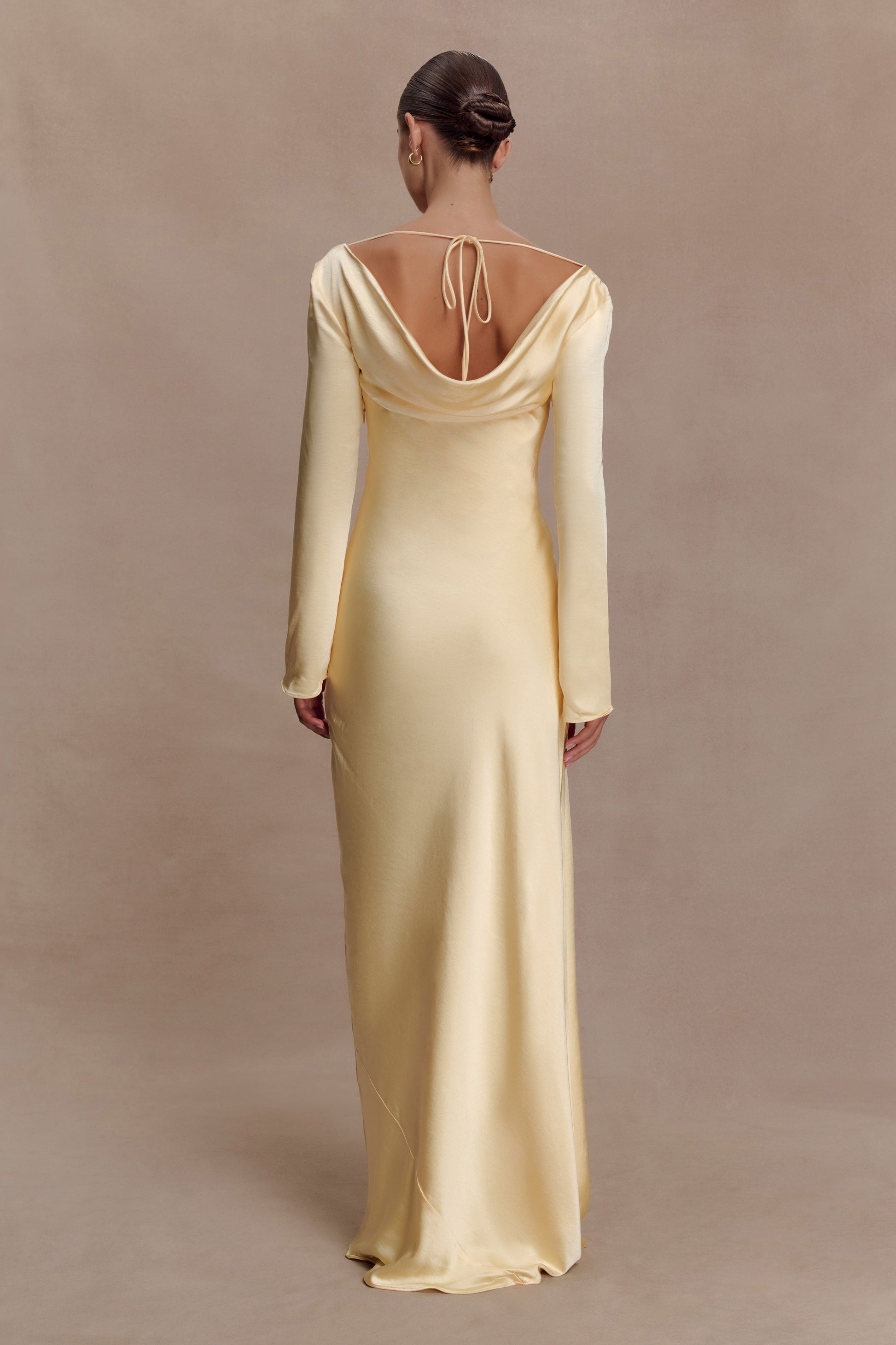 Eliza Long Sleeve Cowl Lace And Satin Maxi Dress - Lemon #2