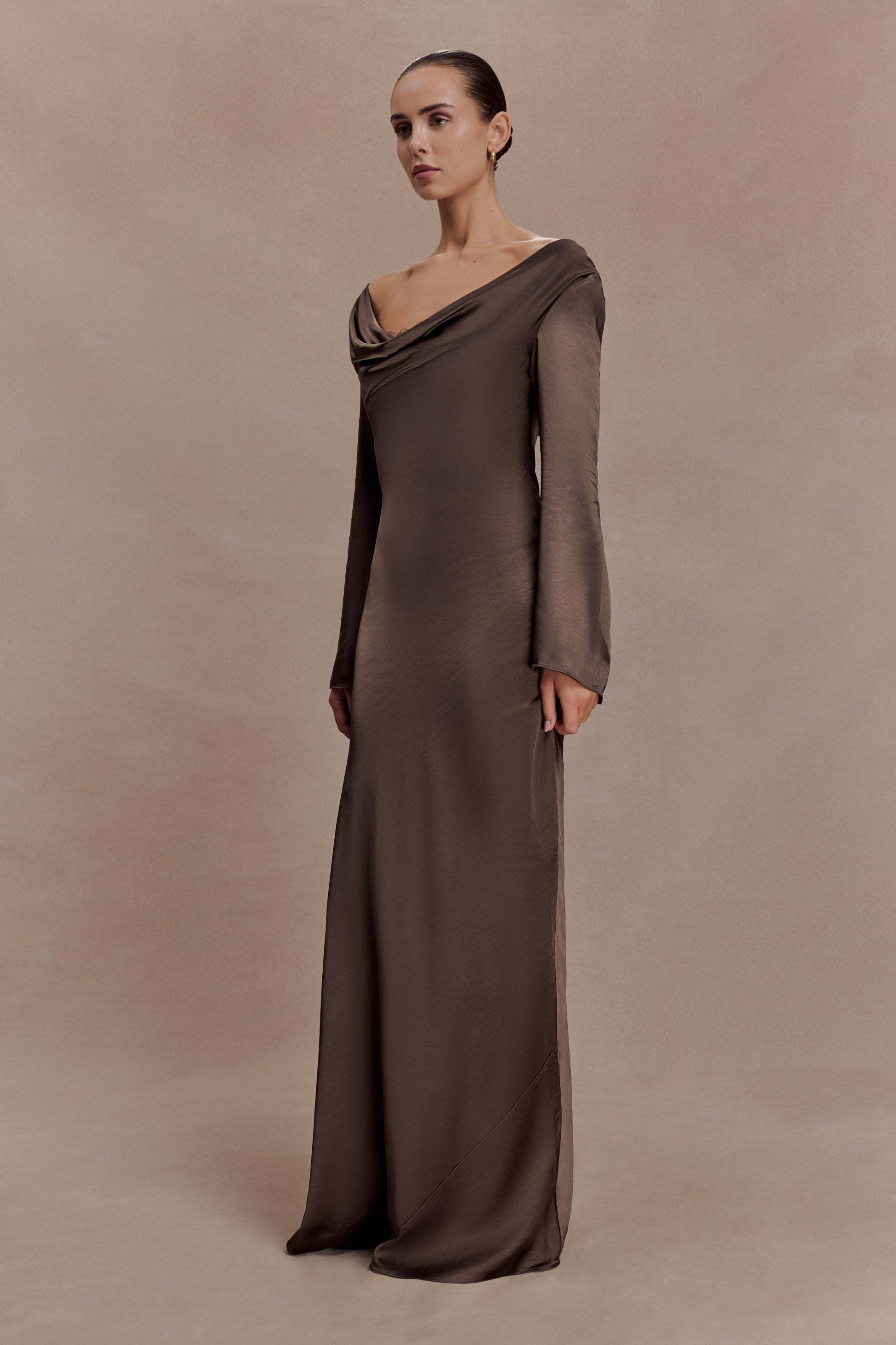 Eliza Long Sleeve Cowl Lace And Satin Maxi Dress - Mocha #4