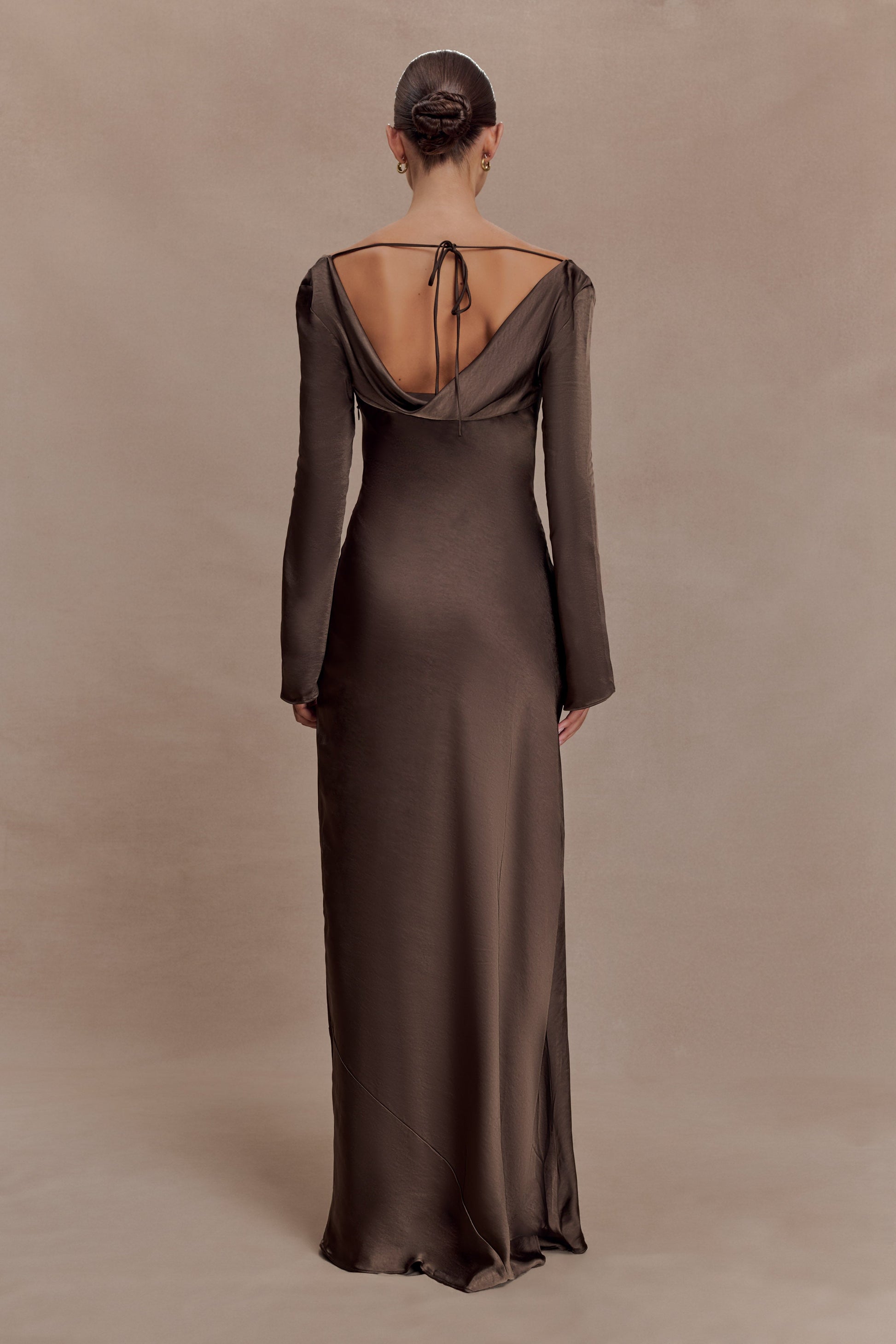 Eliza Long Sleeve Cowl Lace And Satin Maxi Dress - Mocha #5