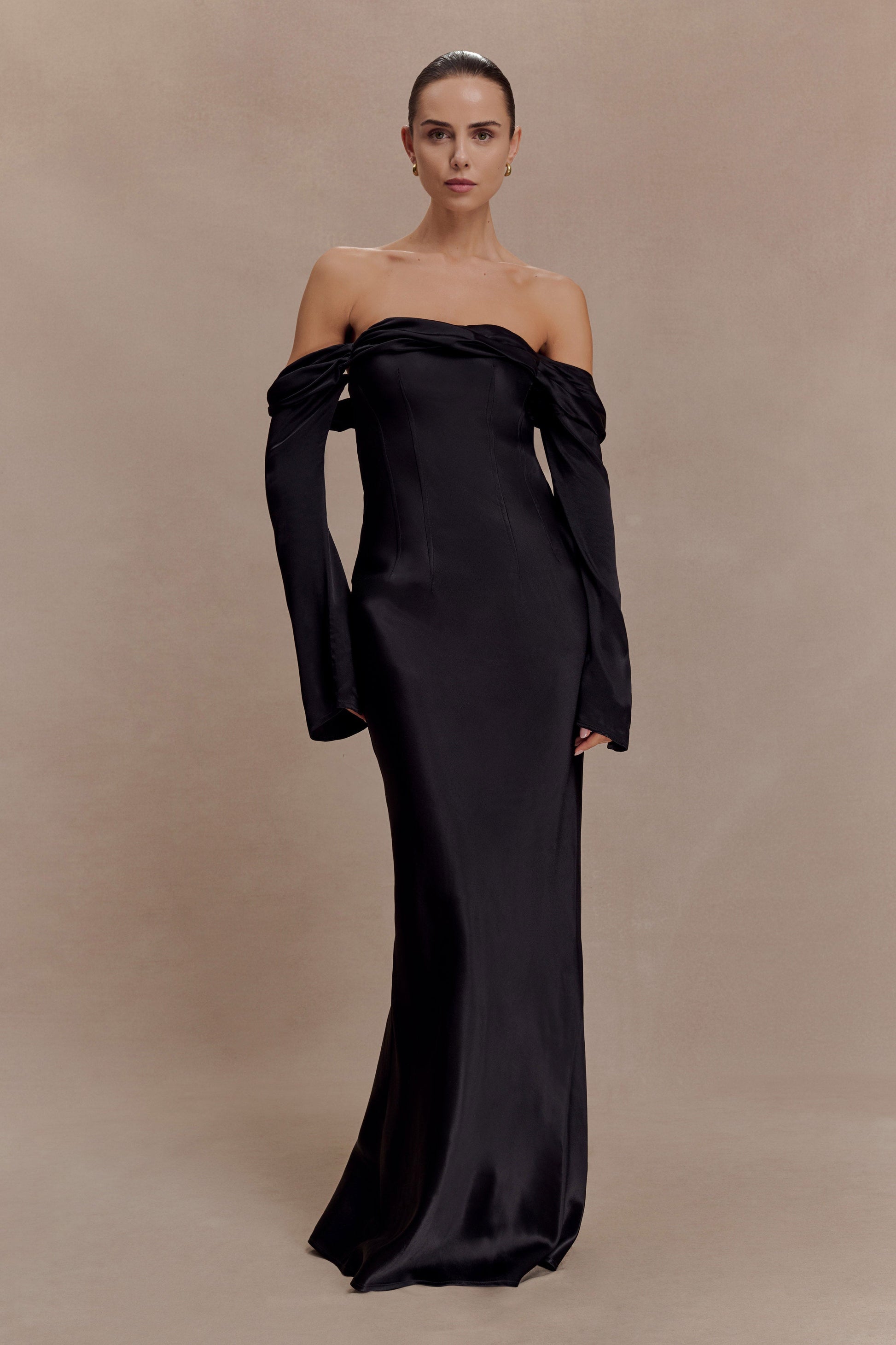 princess polly baby blue dress Nightfall Event Off Shoulder Satin Maxi Dress Black main image 0