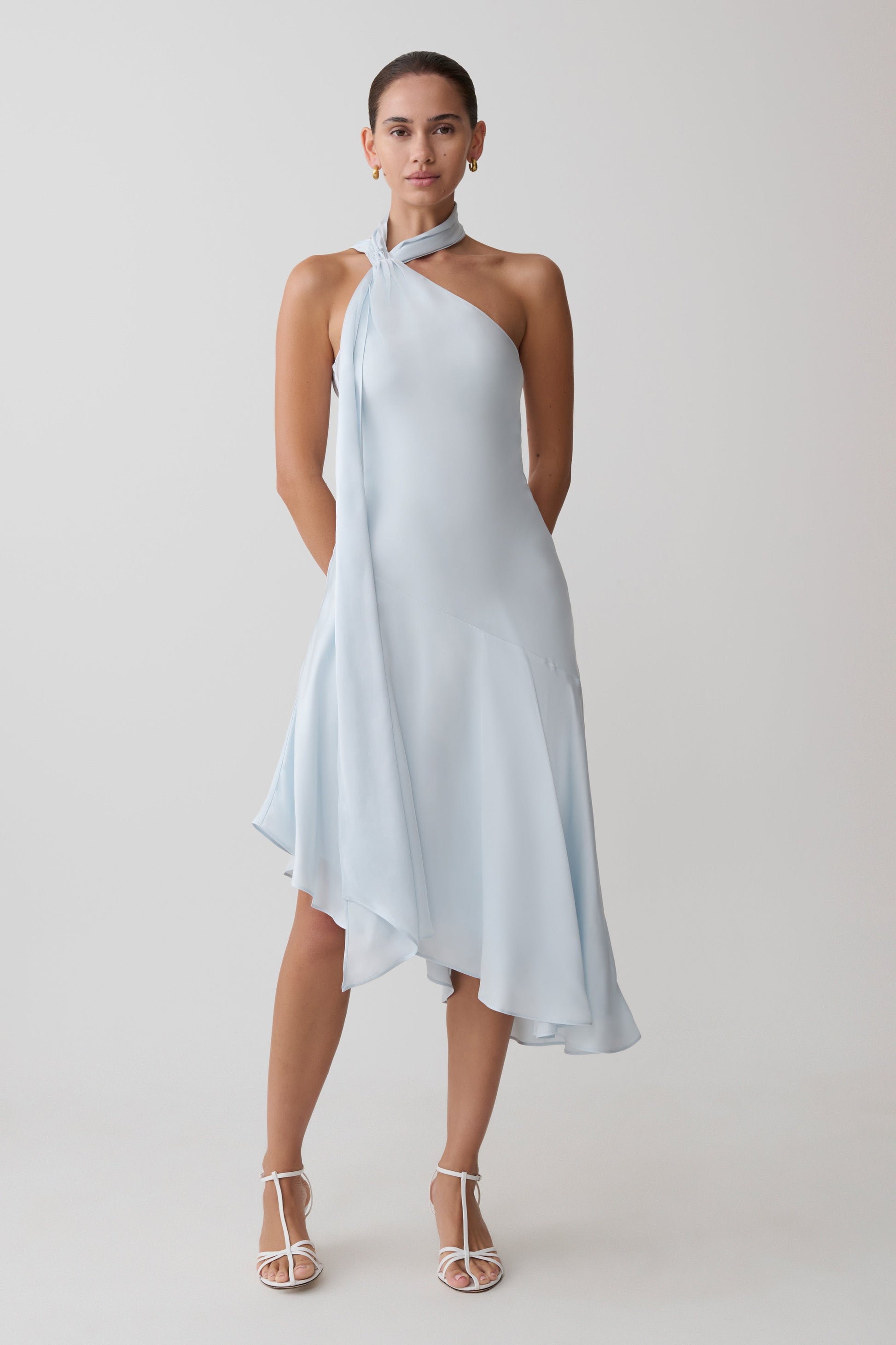 Evelina Halter Asymmetric Hem Midi Dress - Ice Blue