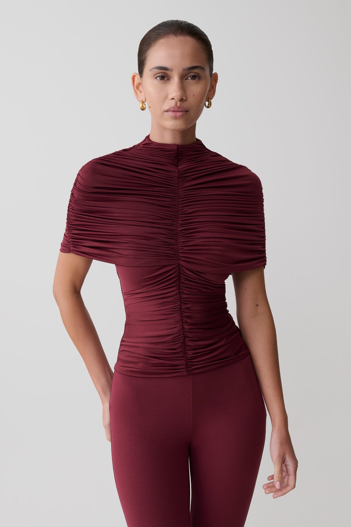 Linh Slinky High Neck Gathered Top - Mahogany #6