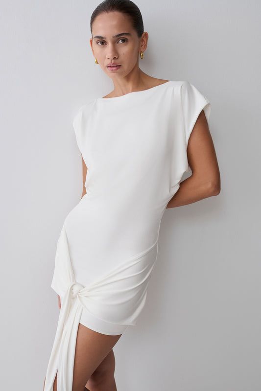 Maiara Shortsleeve Slinky Tie Mini Dress - White
