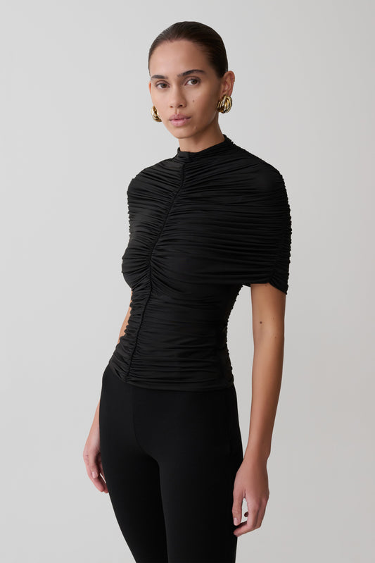 Linh Slinky High Neck Gathered Top - Black