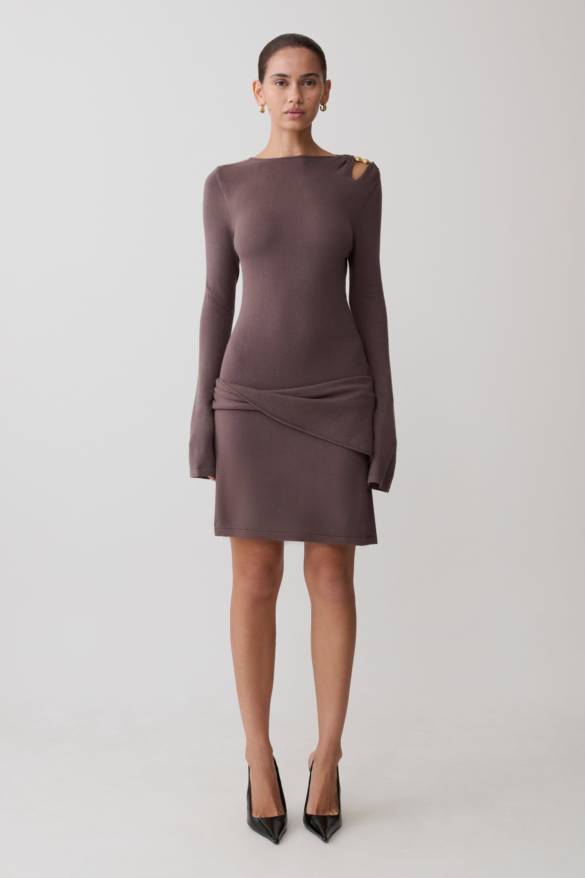 Cresida Knit Long Sleeve Mini Dress With Hardware - Peppercorn #5