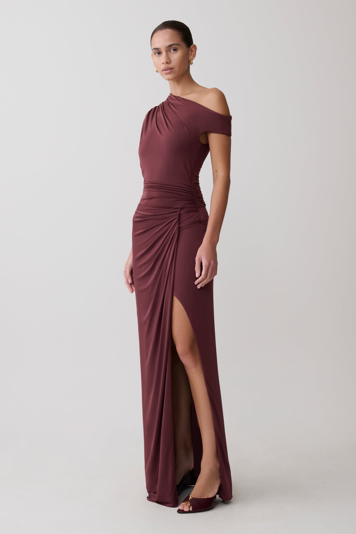 Alyn Off Shoulder Draped Maxi Dress - Dark Plum