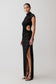 Black lace dress with cut-out design on a white background