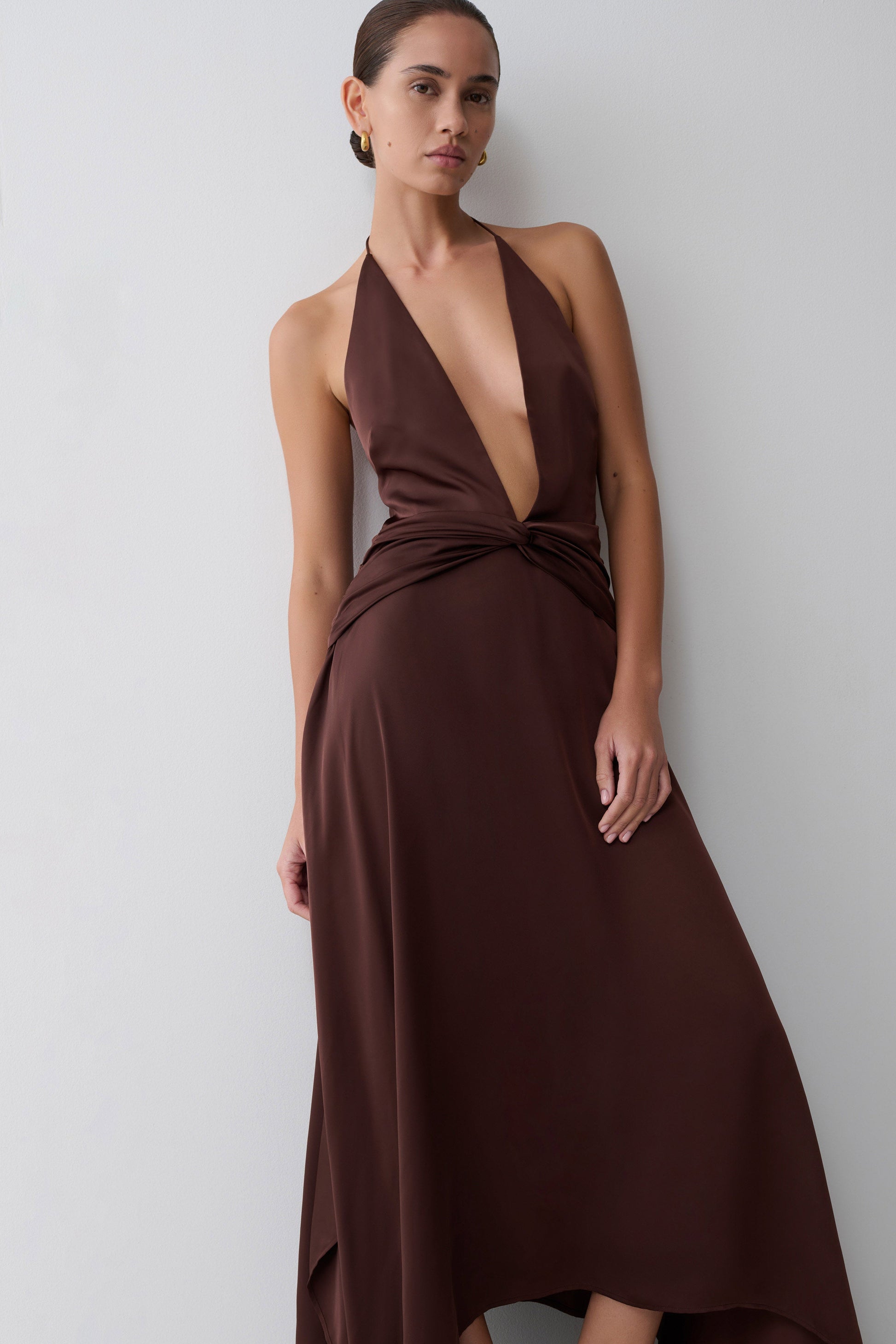 Cyra Plunge Satin Midi Dress - Dark Chocolate #8
