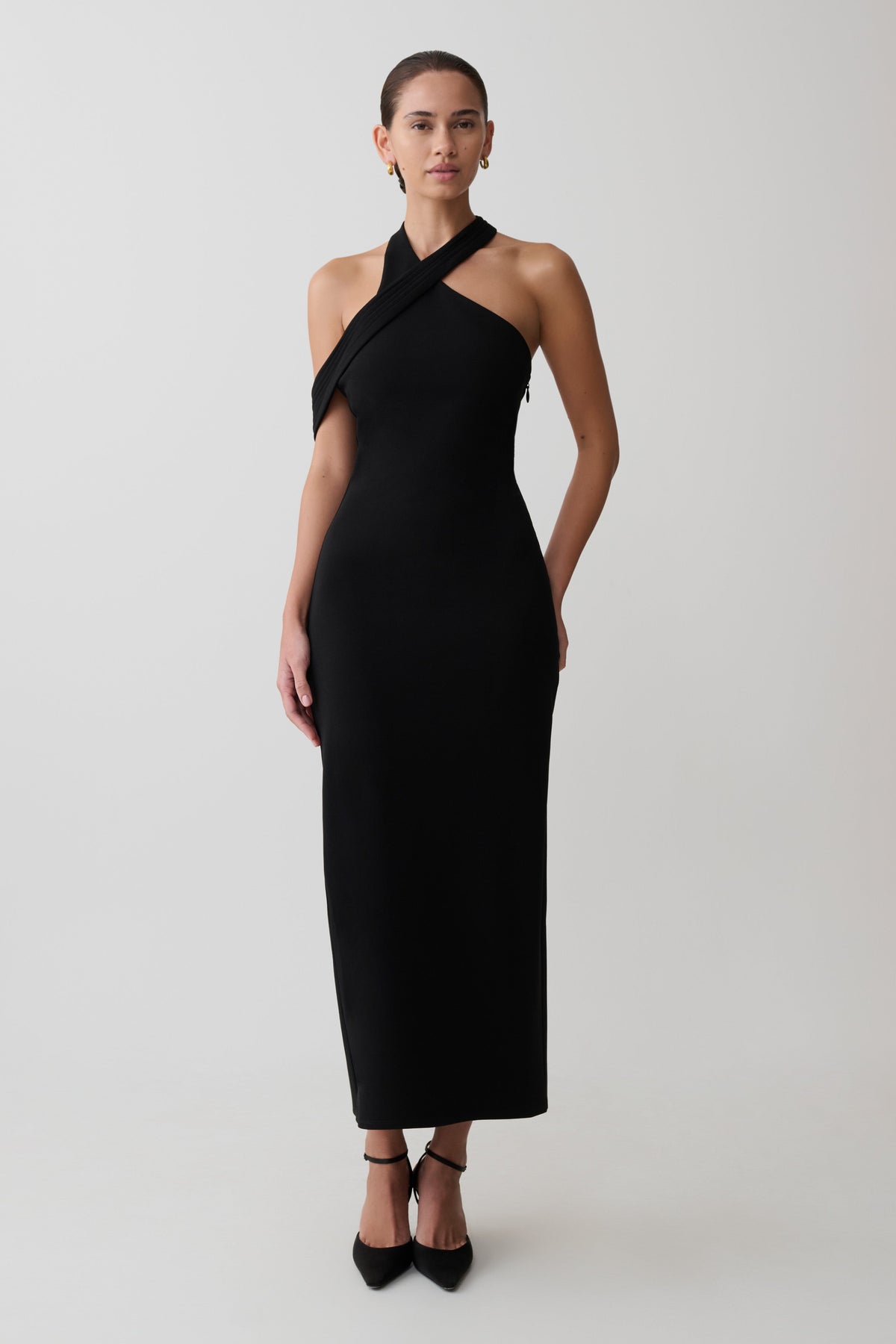 Sable Crossover Crepe Midi Dress - Black #5