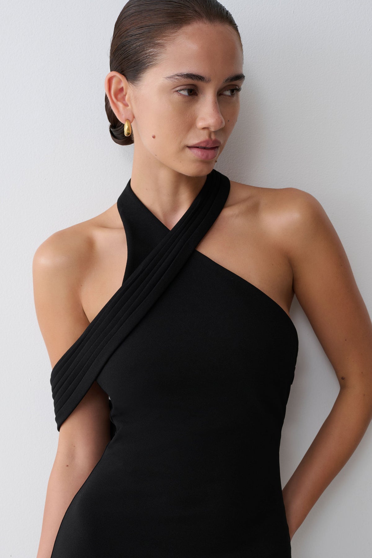 Sable Crossover Crepe Midi Dress - Black #7