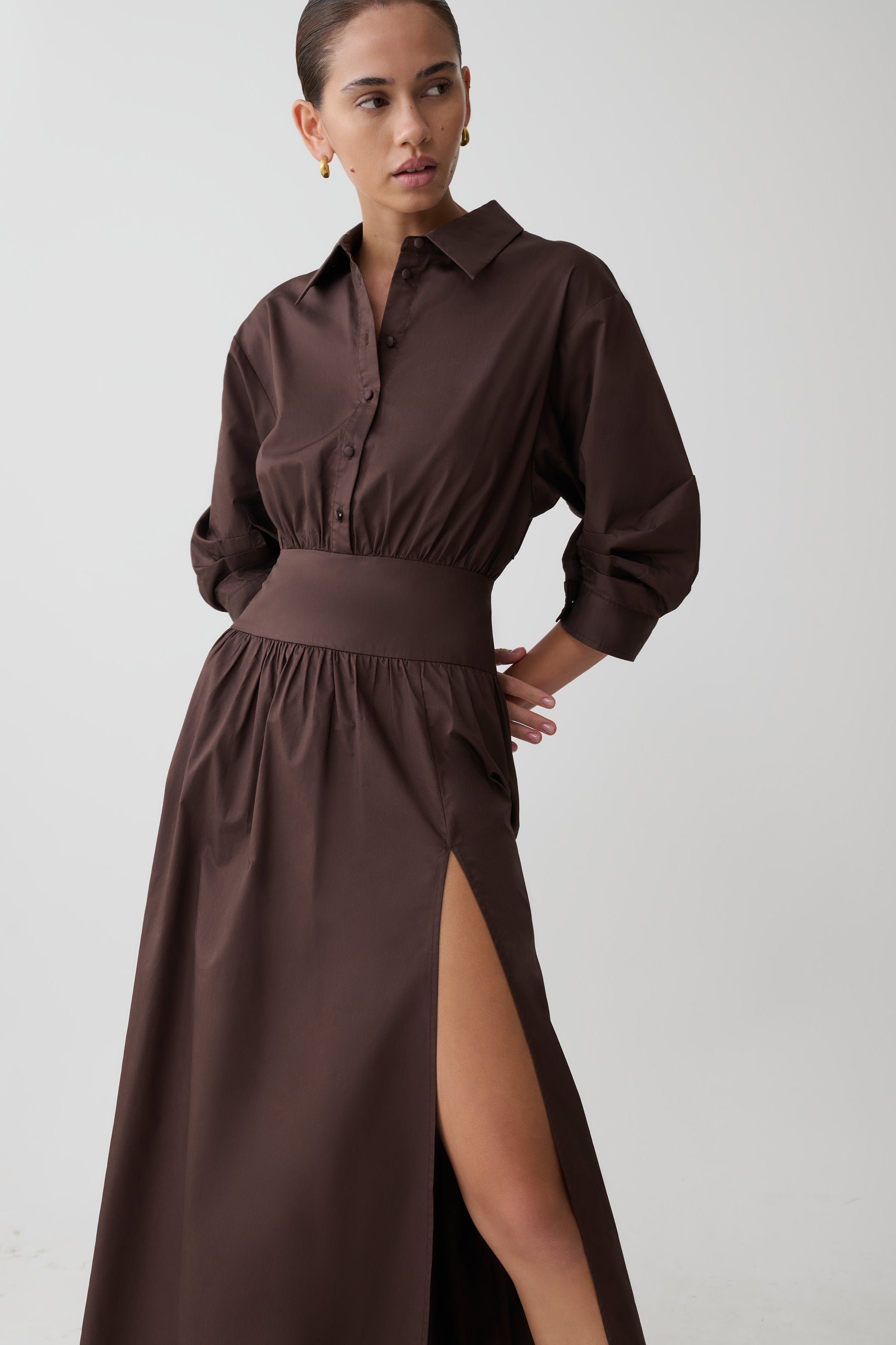 Isolde Long Sleeve Cotton Maxi Dress - Dark Chocolate #6