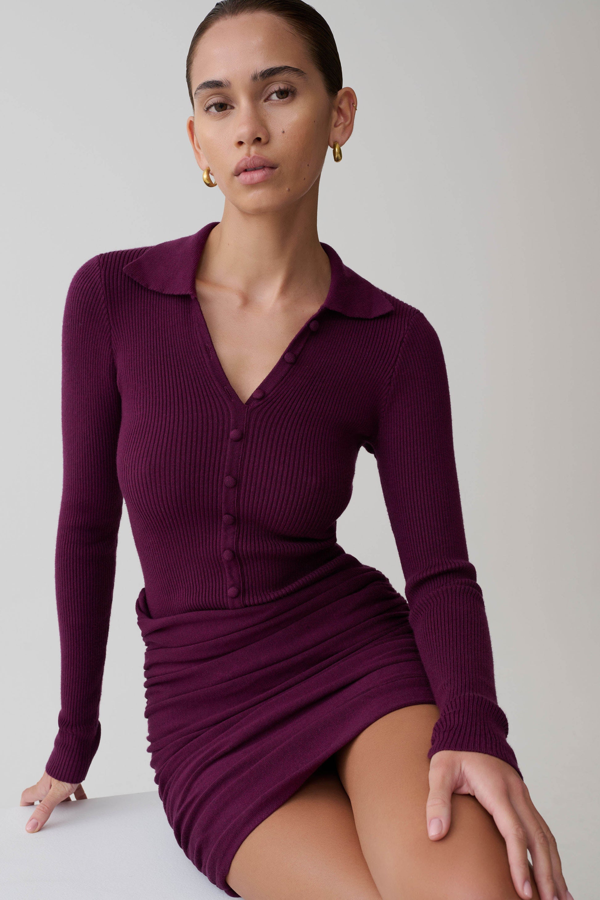 Agness Long Sleeve Button Up Knit Dress - Plum #6