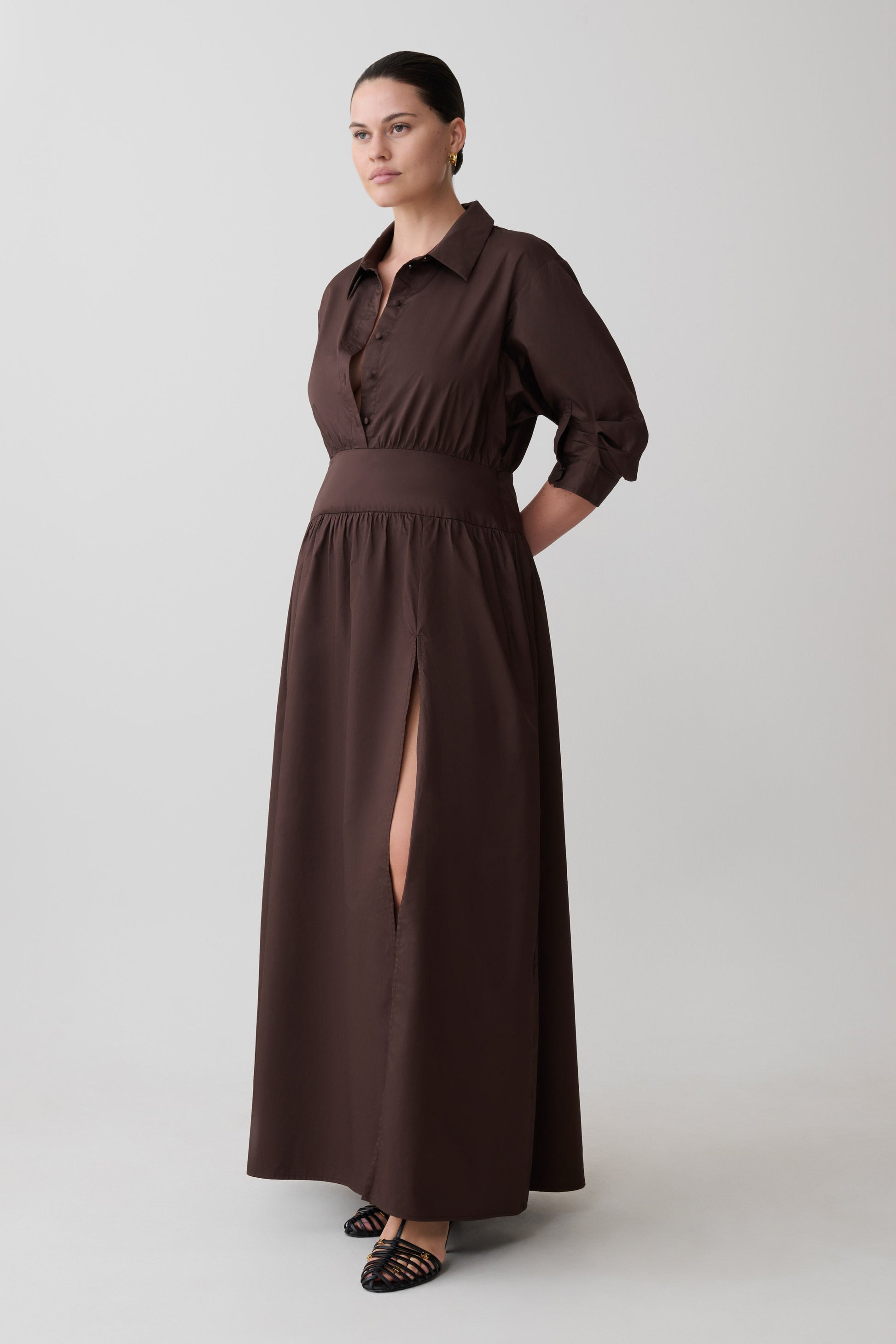 Isolde Long Sleeve Cotton Maxi Dress - Dark Chocolate #9