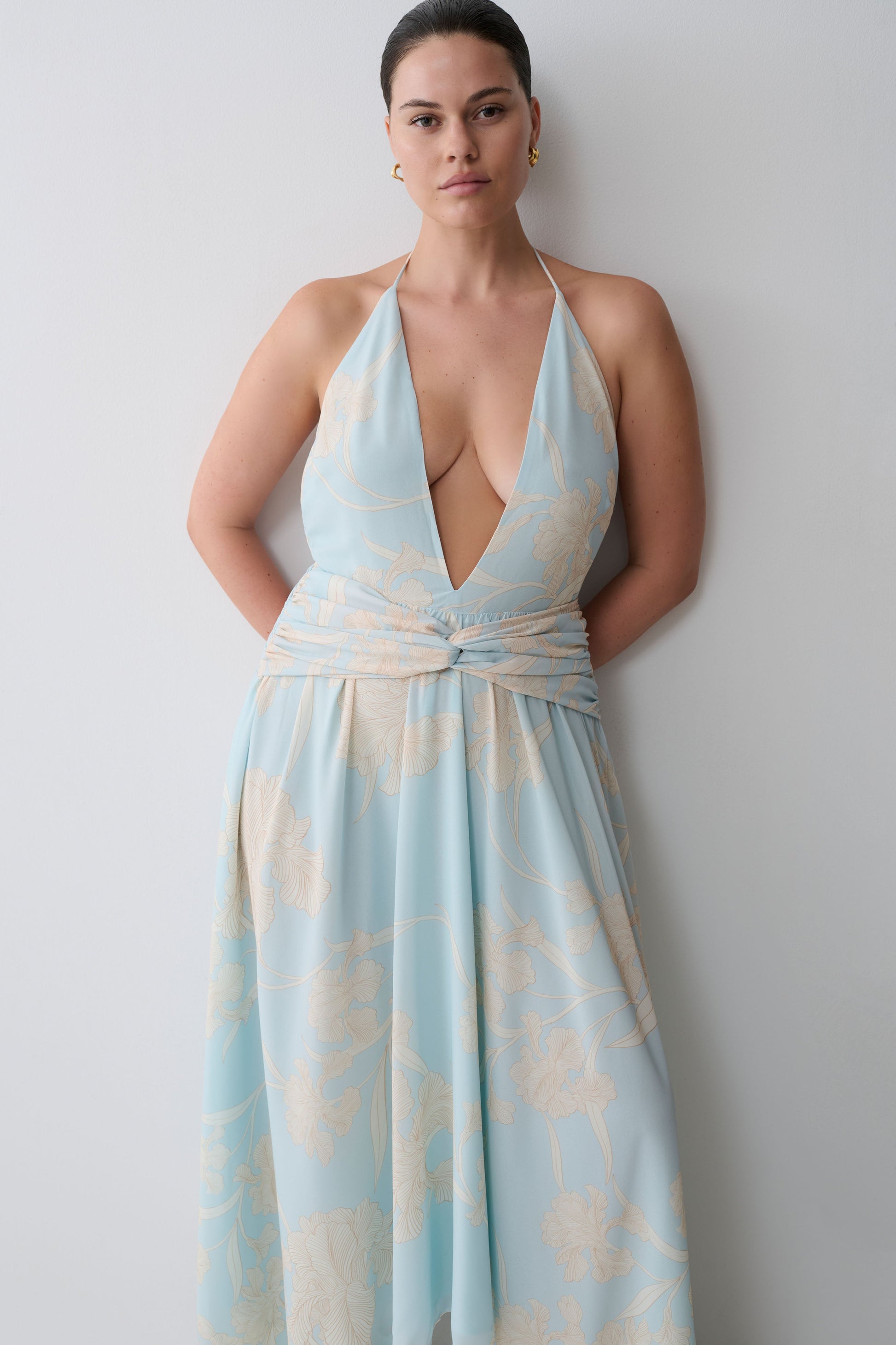 Cyra Plunge Chiffon Midi Dress - Blue Floral Print #8