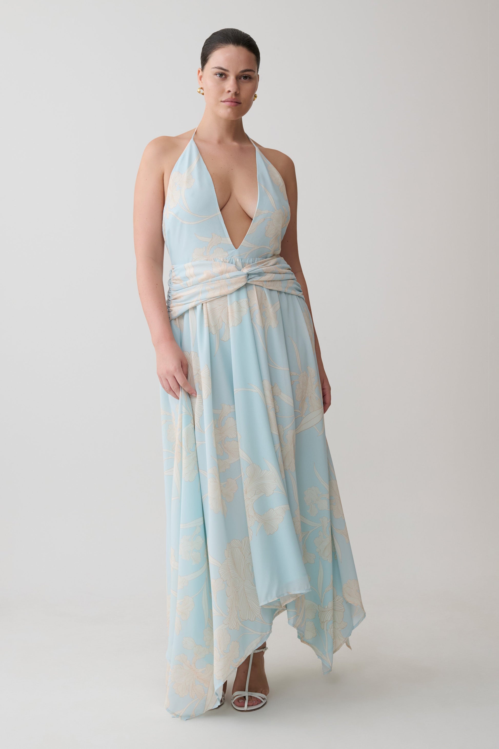Cyra Plunge Chiffon Midi Dress - Blue Floral Print #10
