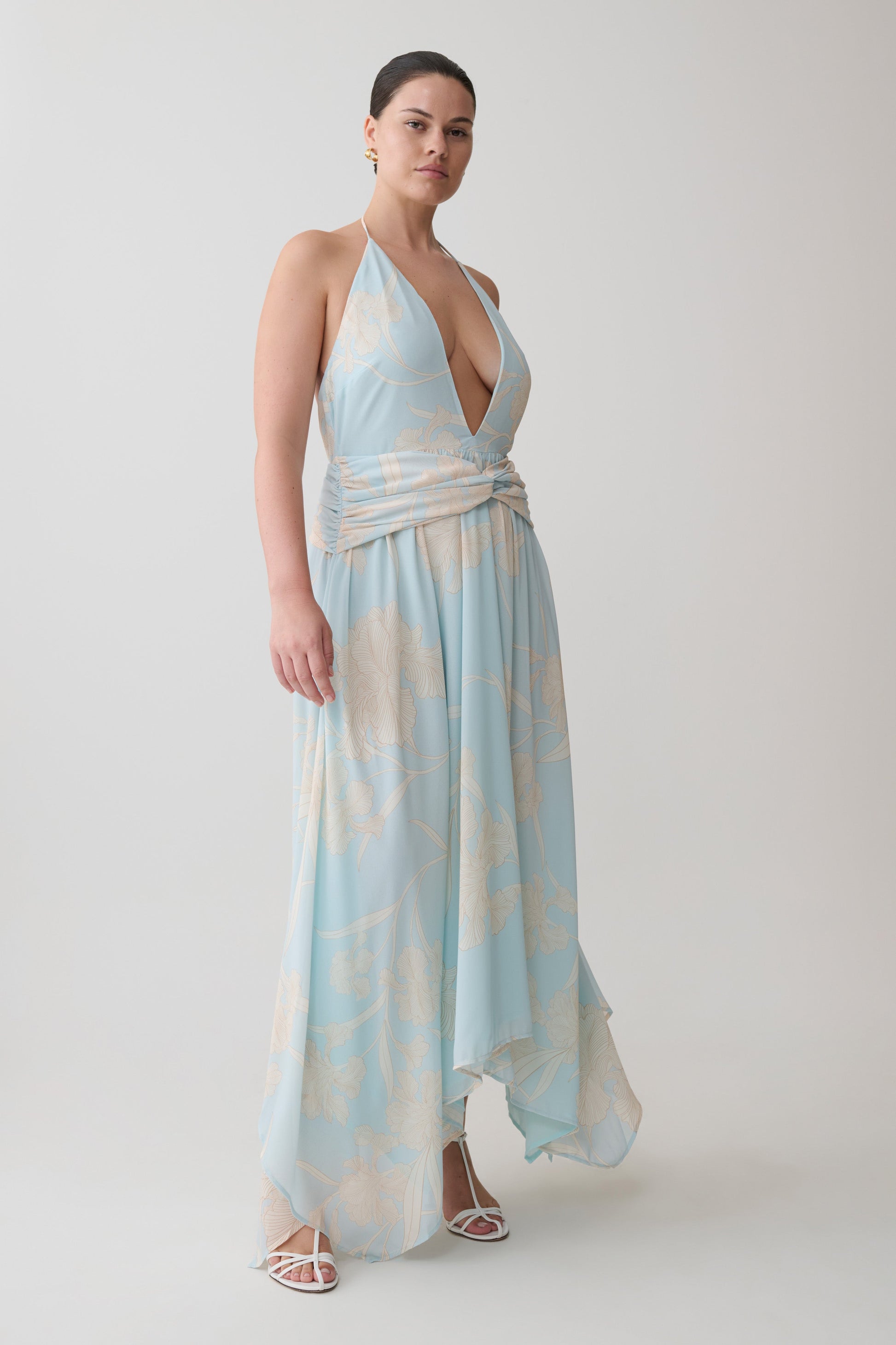 Cyra Plunge Chiffon Midi Dress - Blue Floral Print #9