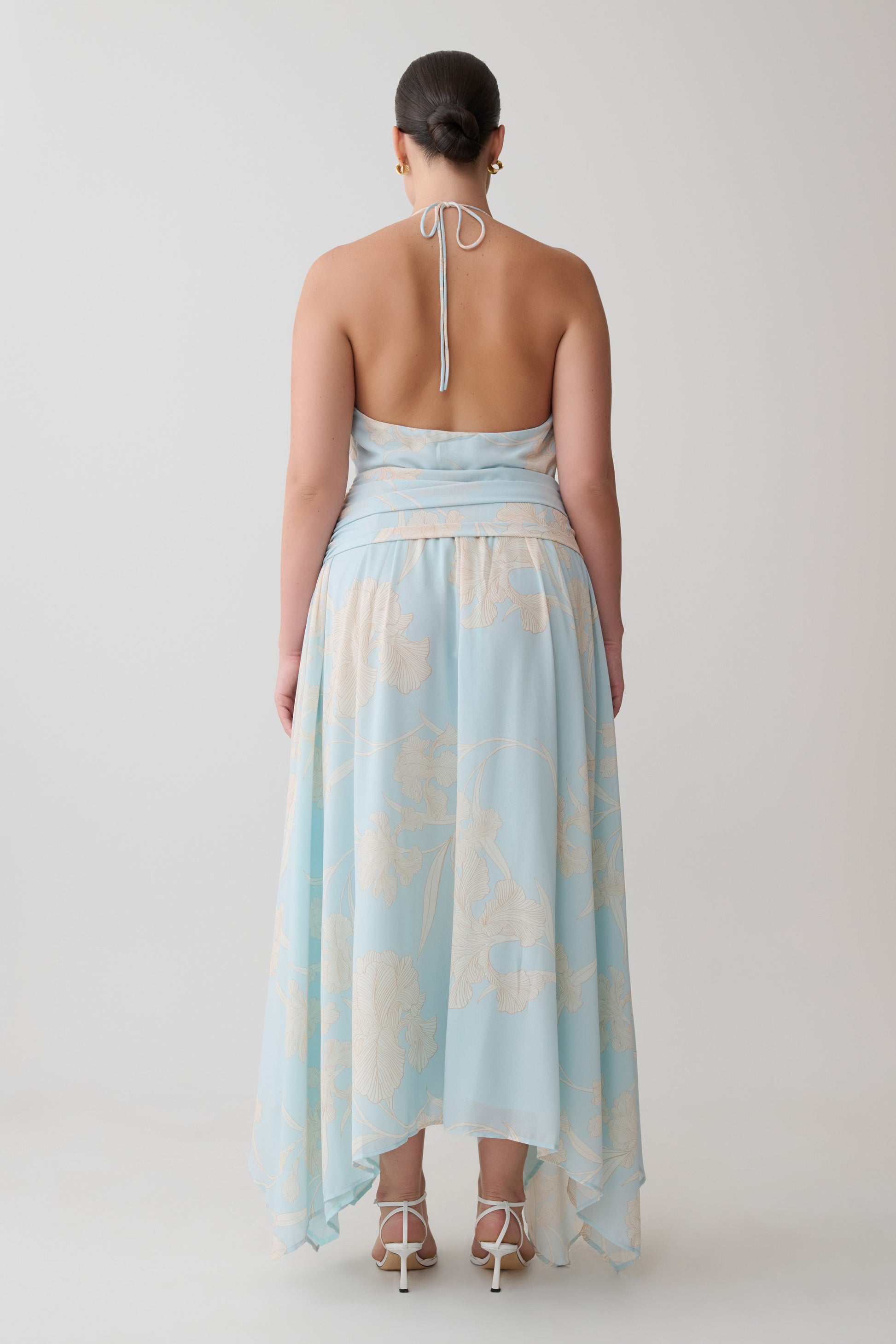 Cyra Plunge Chiffon Midi Dress - Blue Floral Print #7