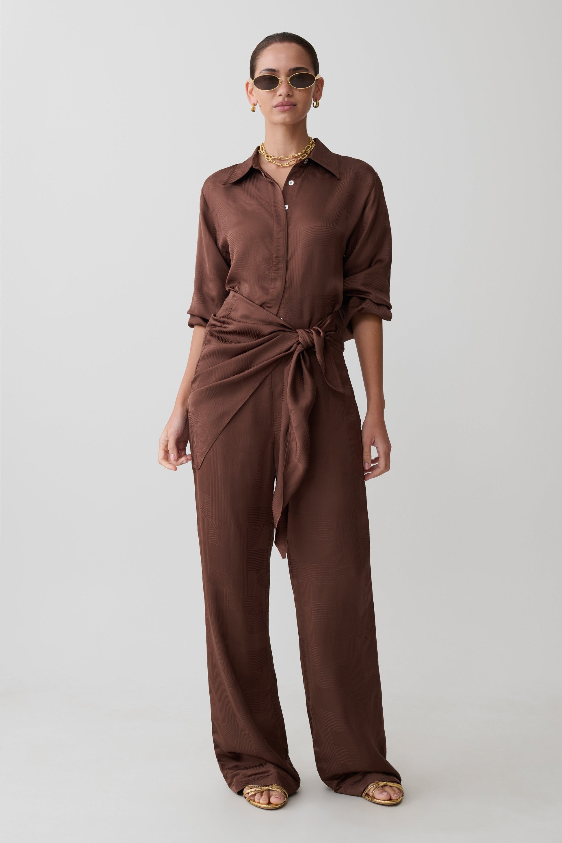 Gia Long Sleeve Satin Shirt - Chocolate #4