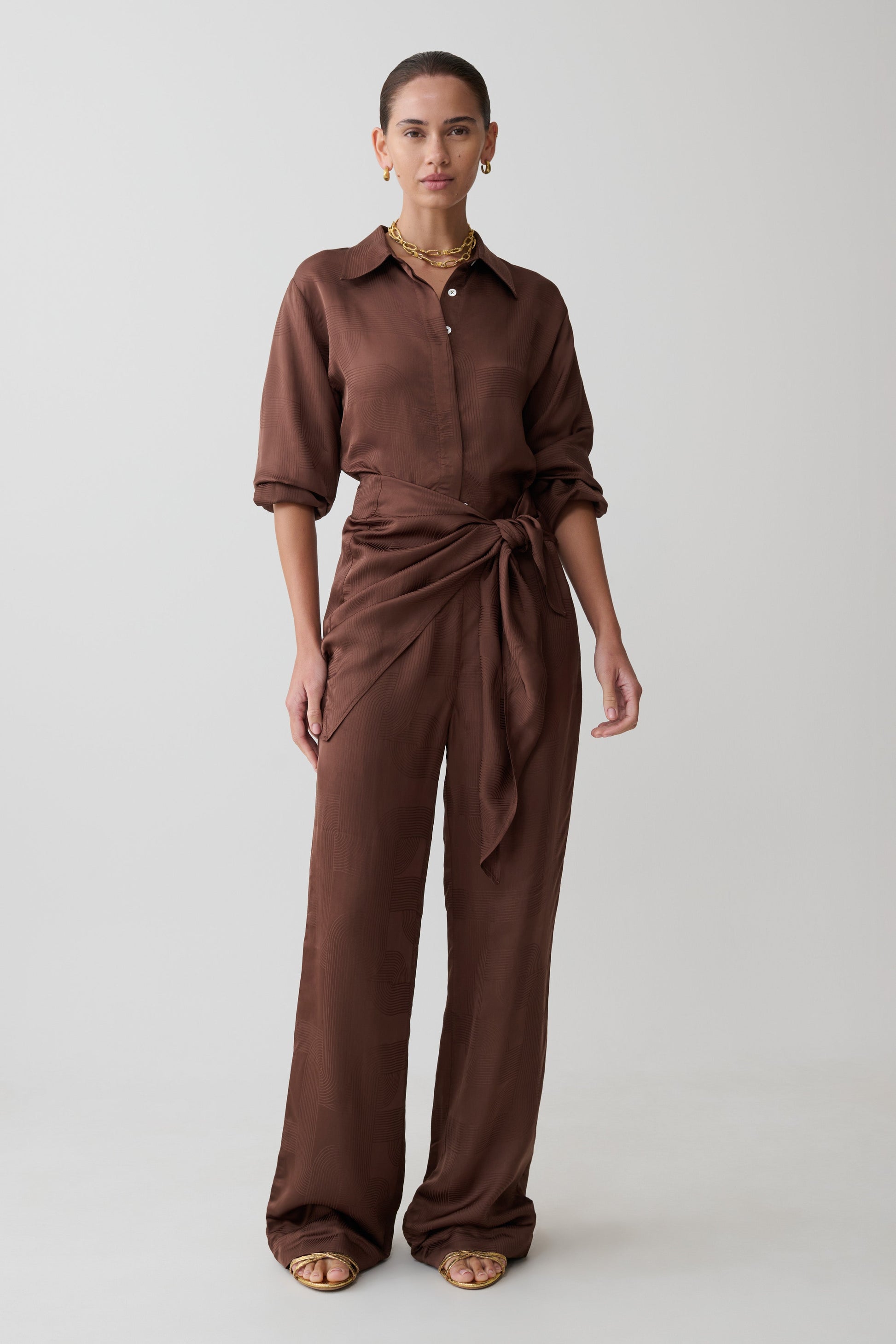 Gia Long Sleeve Satin Shirt - Chocolate #5