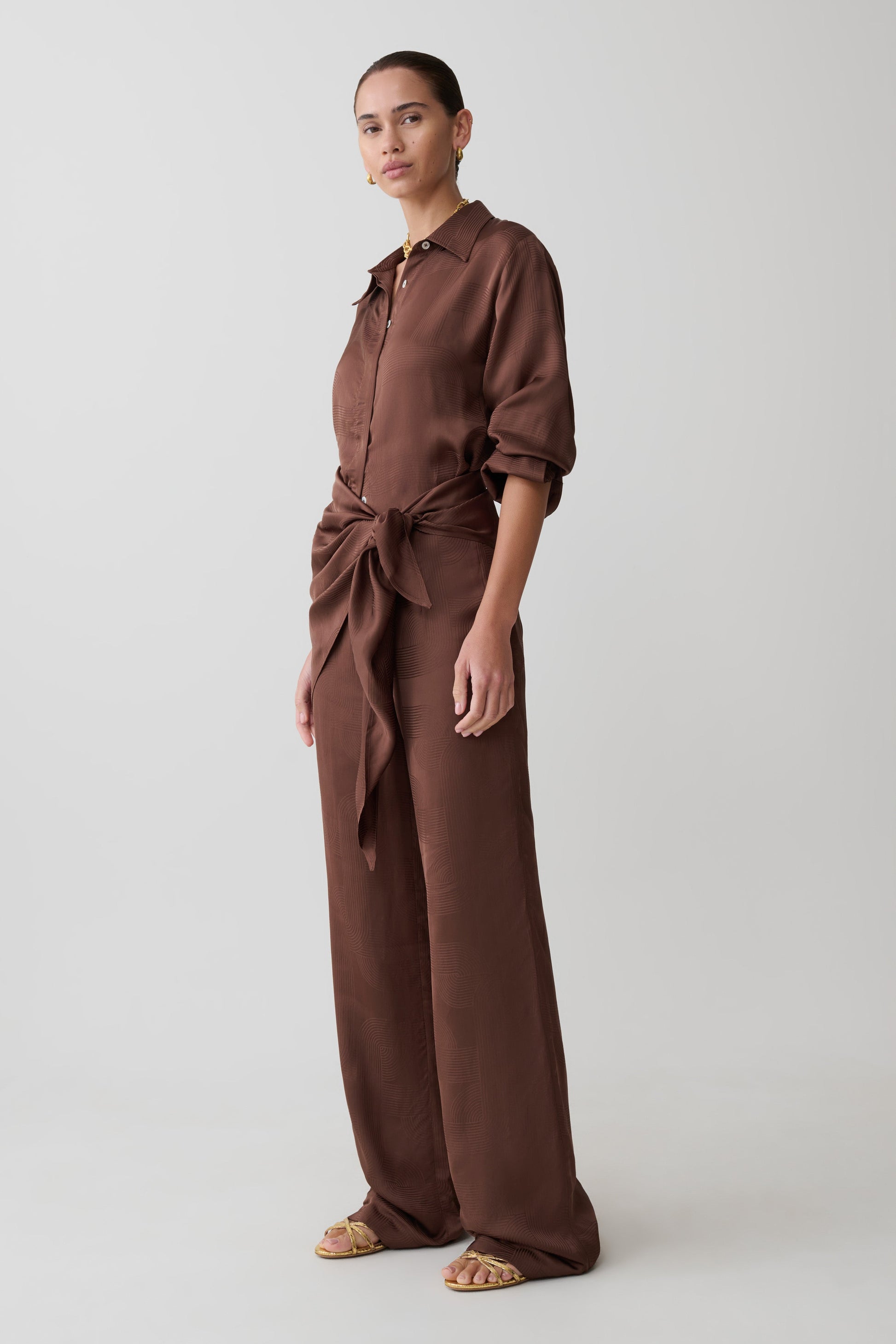 Gia Long Sleeve Satin Shirt - Chocolate #6