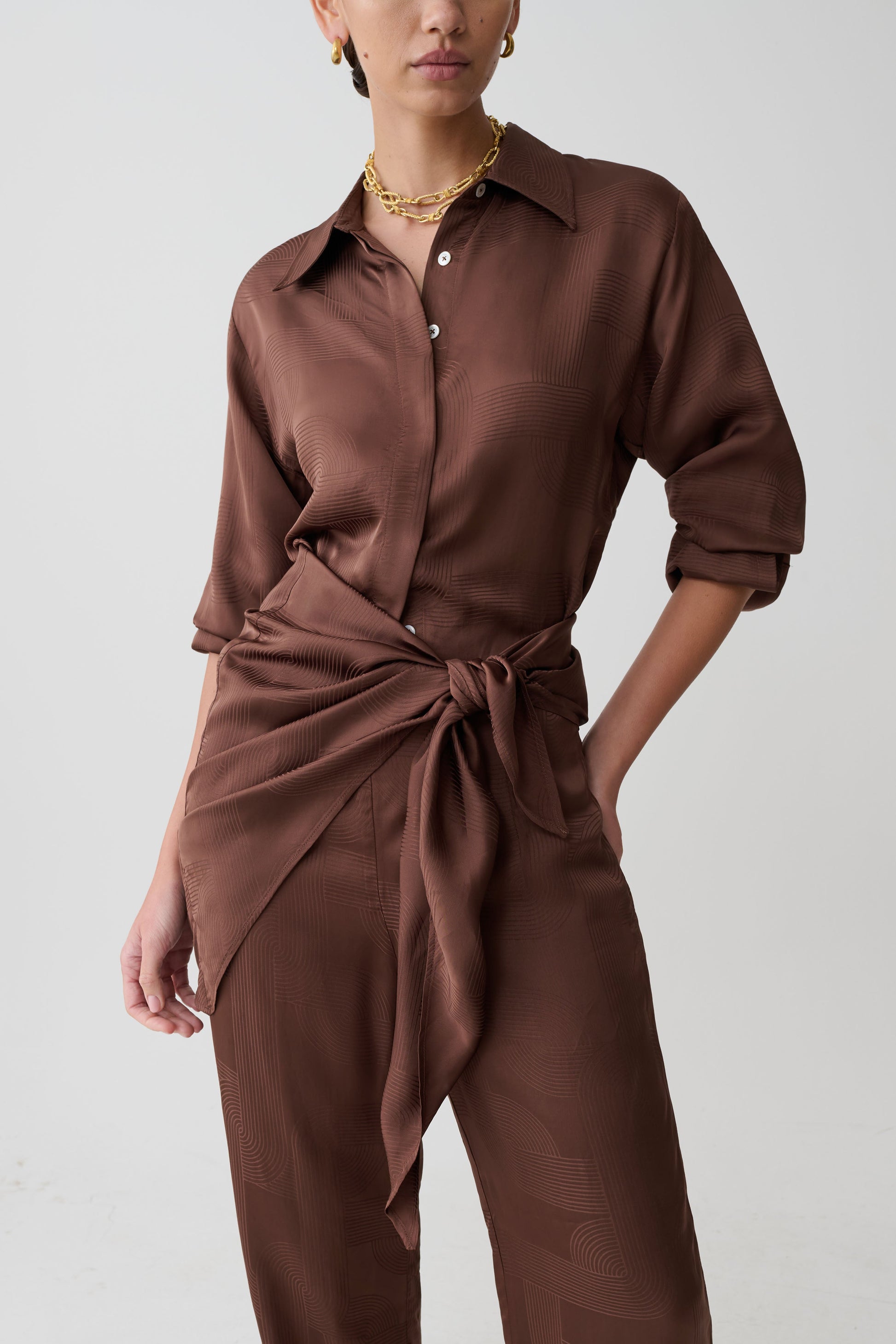 Gia Long Sleeve Satin Shirt - Chocolate #2