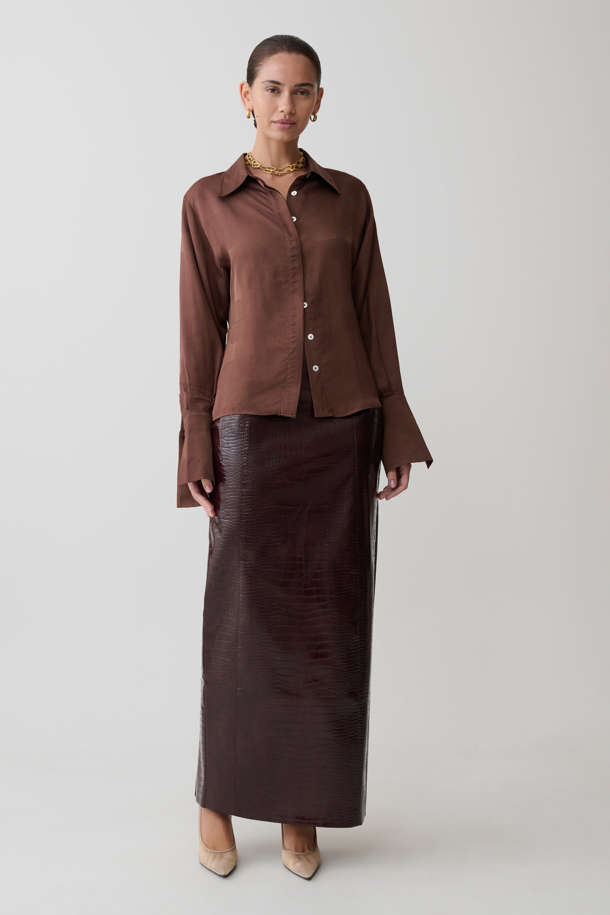 Gia Long Sleeve Satin Shirt - Chocolate #7
