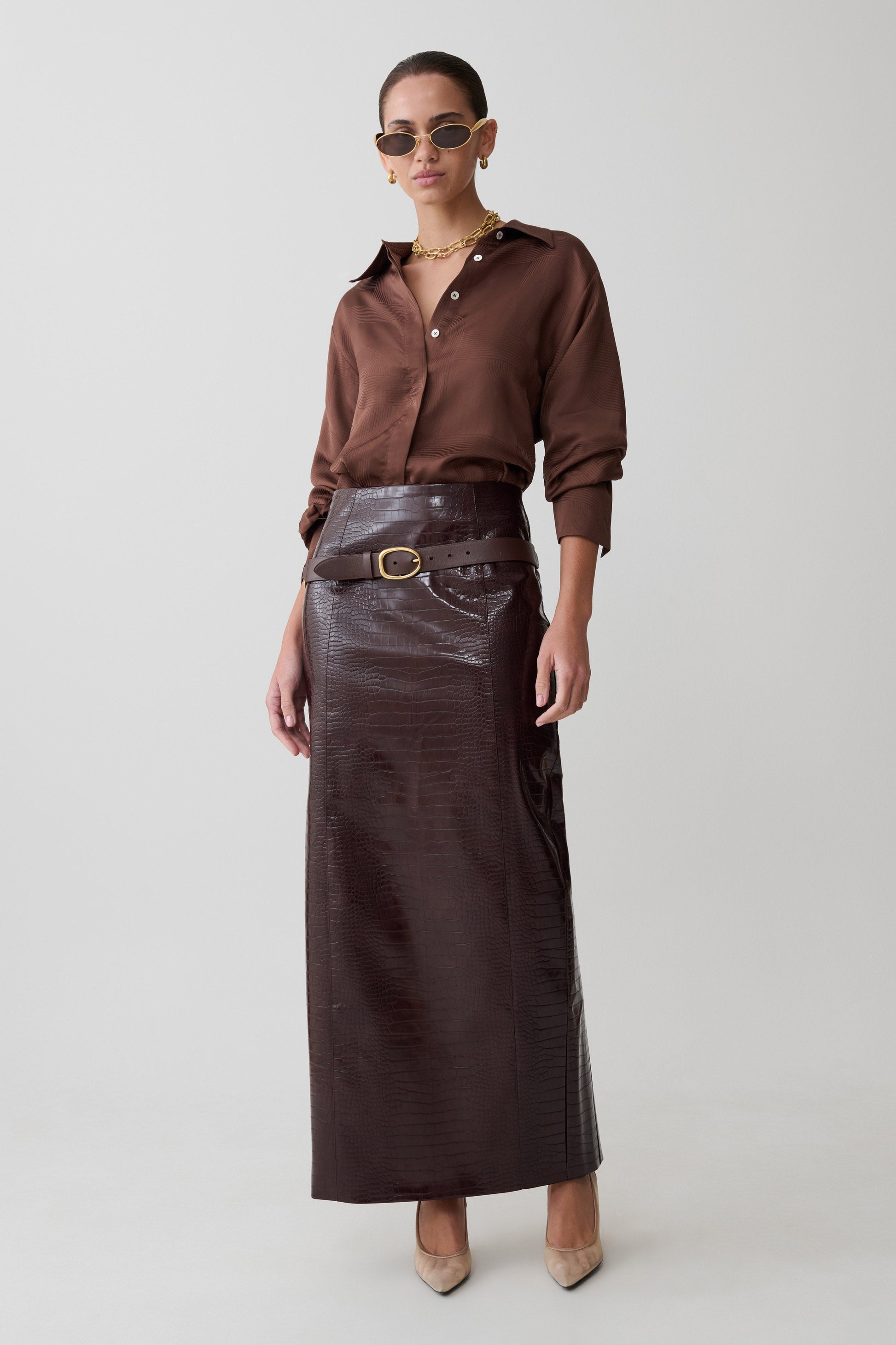 Gia Long Sleeve Satin Shirt - Chocolate #8