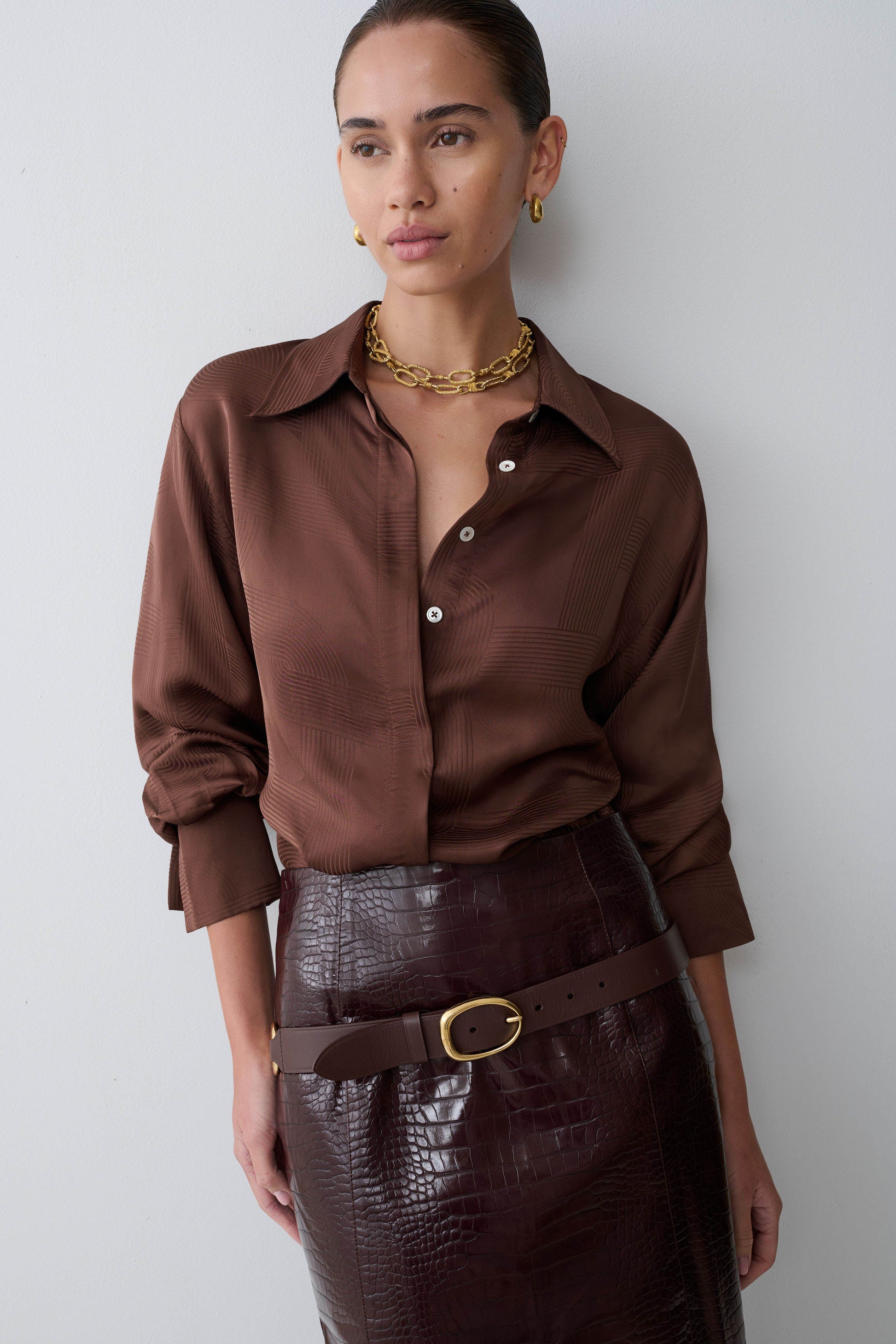Gia Long Sleeve Satin Shirt - Chocolate #9