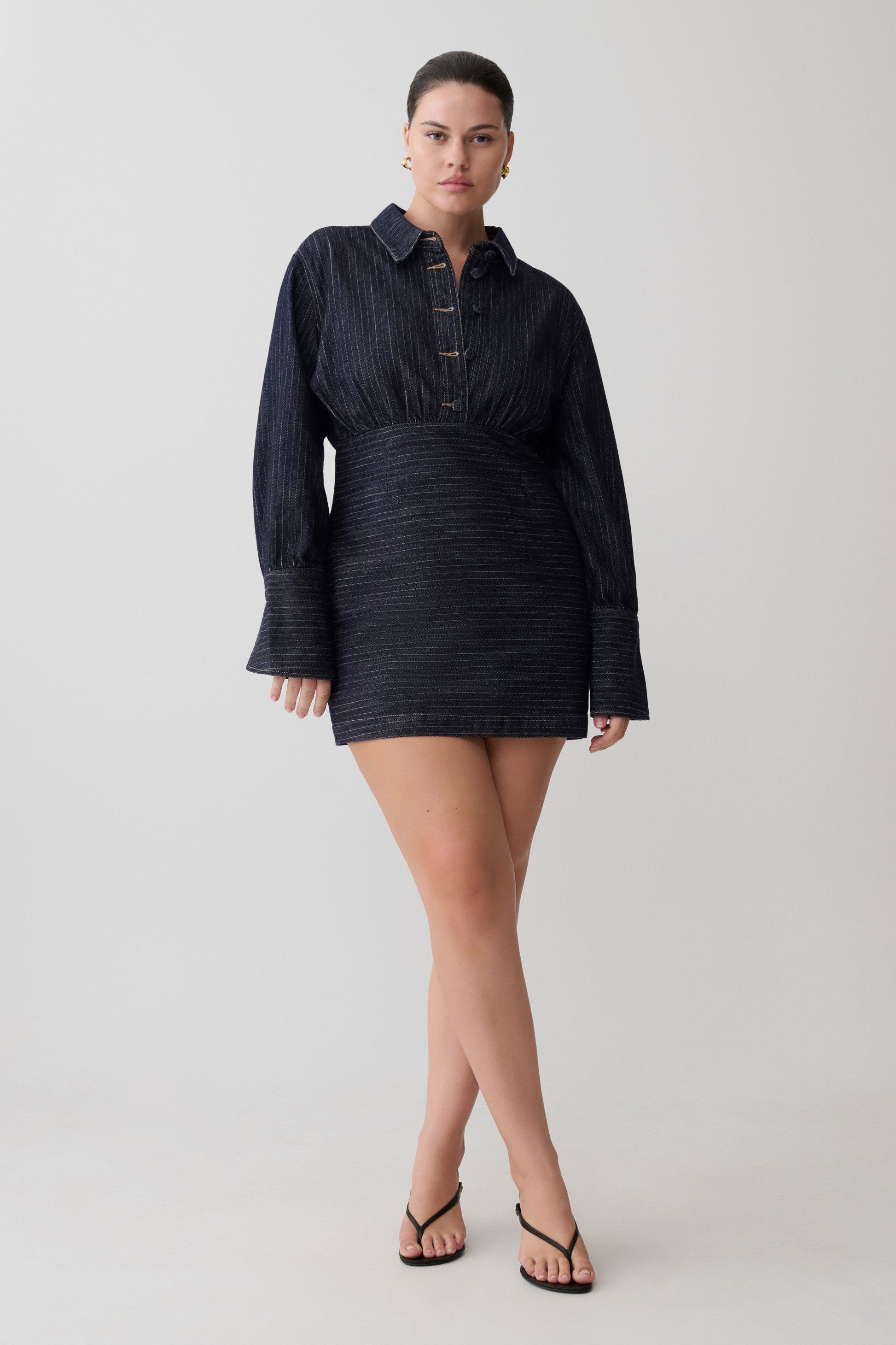 Zarah Denim Long Sleeve Mini Dress - Indigo Pinstripe #3