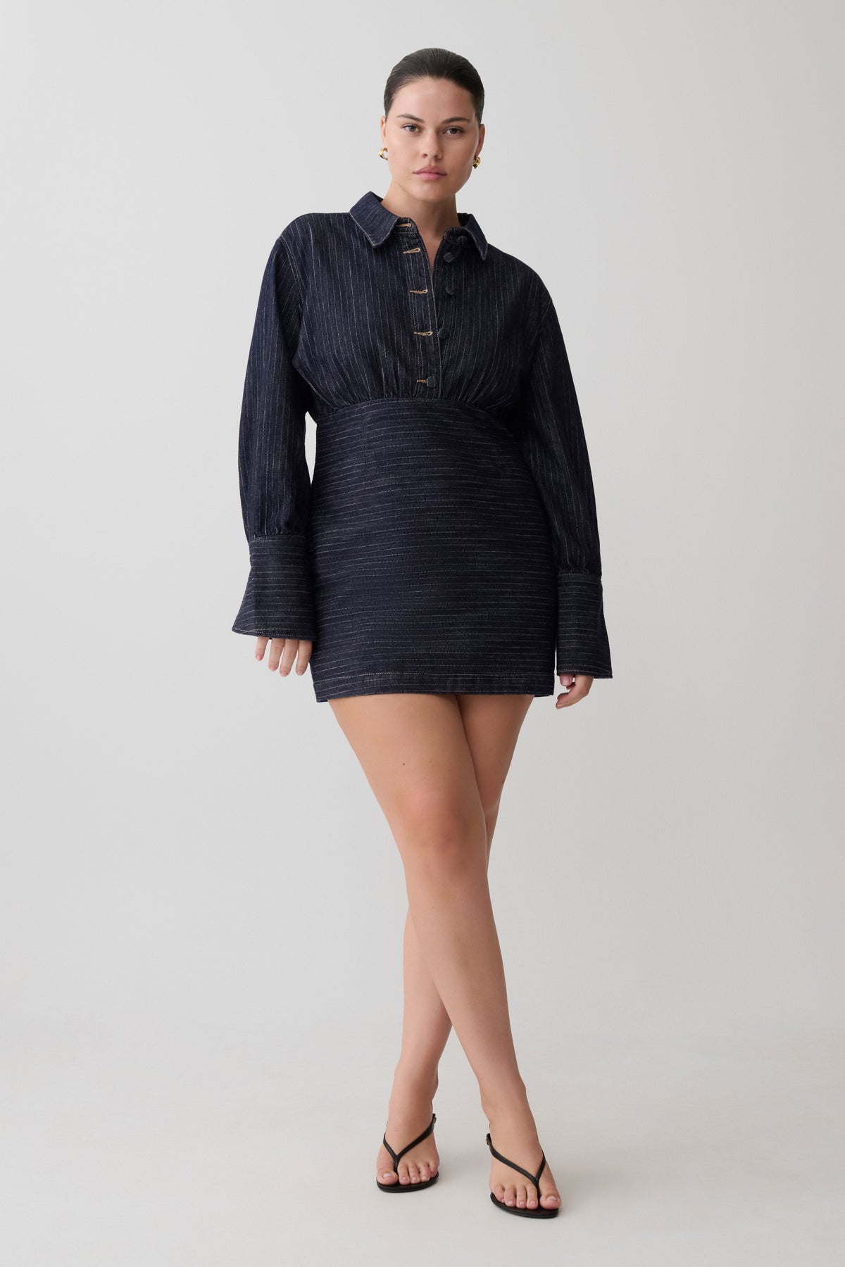 Zarah Denim Long Sleeve Mini Dress - Indigo Pinstripe #3