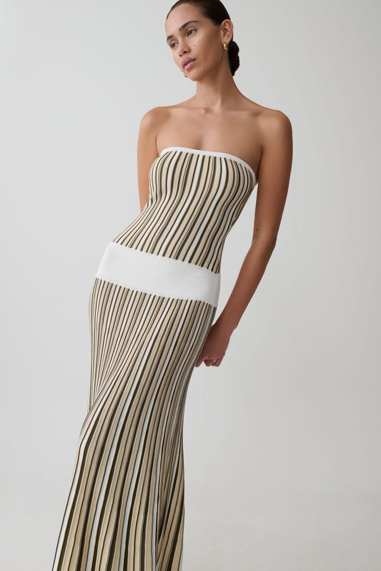 Joyce Stripe Maxi Knit Dress - Khaki/Ivory