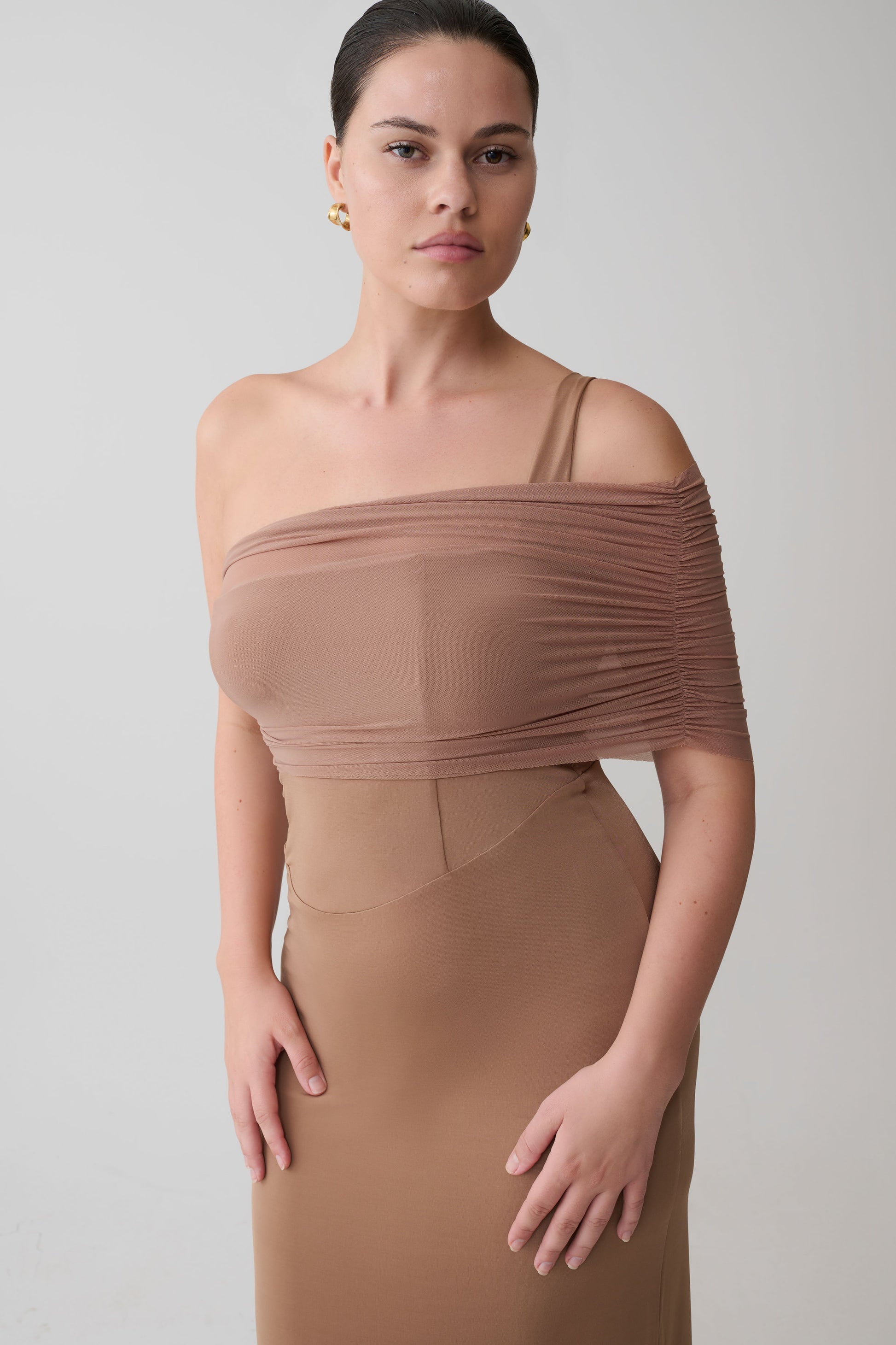 Hanh One Shoulder Mesh Maxi Dress - Tan #5
