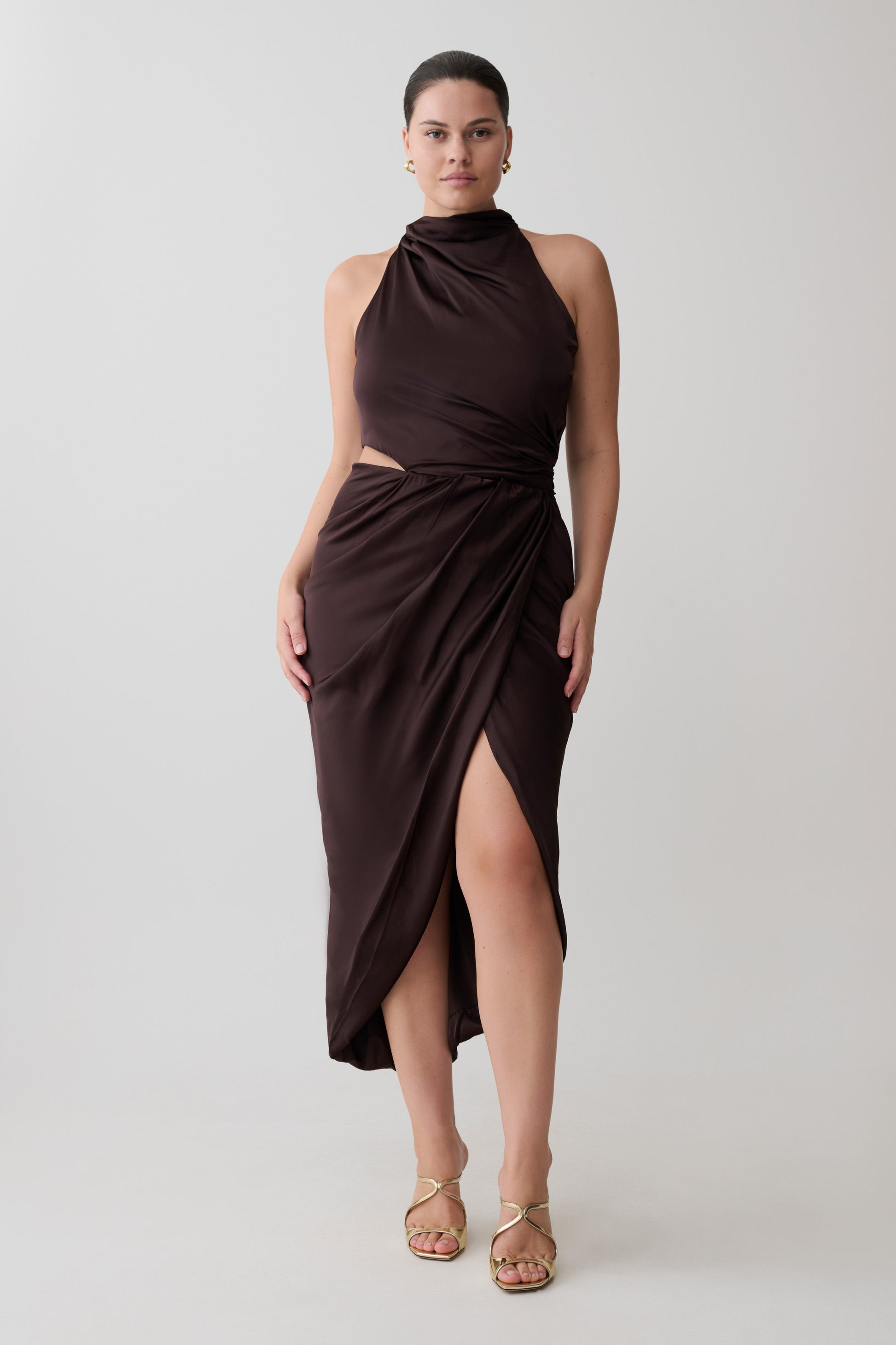 Aveline Draped Halter Midi Dress - Dark Chocolate #4