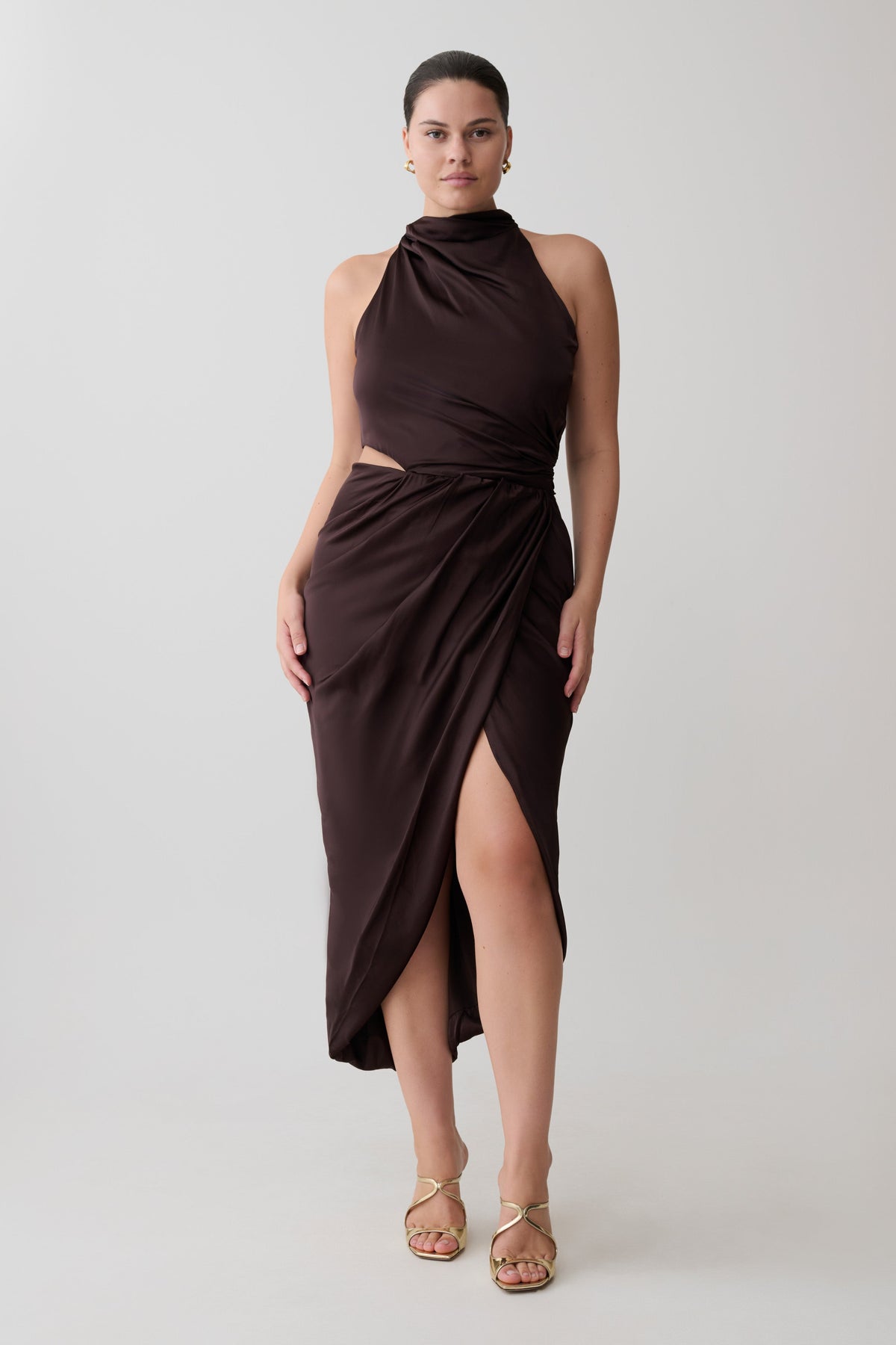 Aveline Draped Halter Midi Dress - Dark Chocolate #4