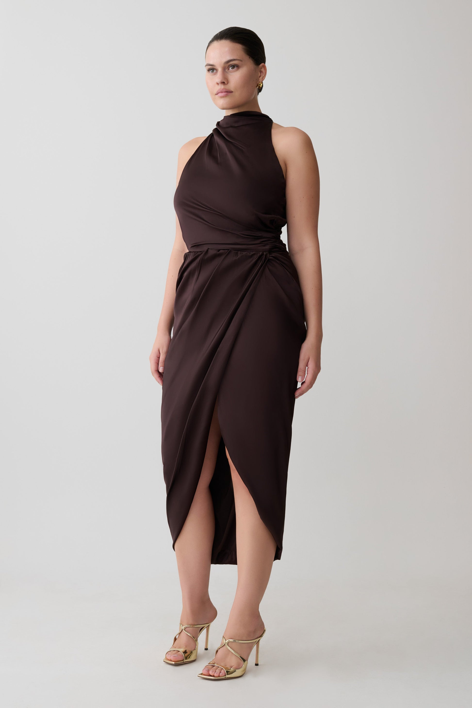 Aveline Draped Halter Midi Dress - Dark Chocolate #7