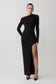 Woman wearing a black one-shoulder dress with a high slit on a white background