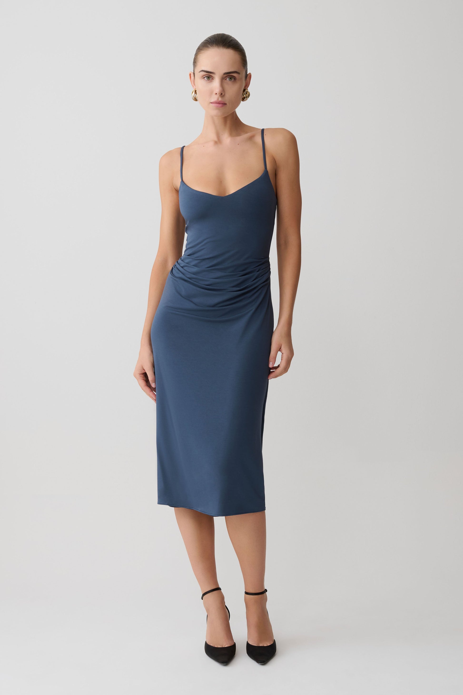 Vina Gathered Jersey Midi Dress - Ink Blue