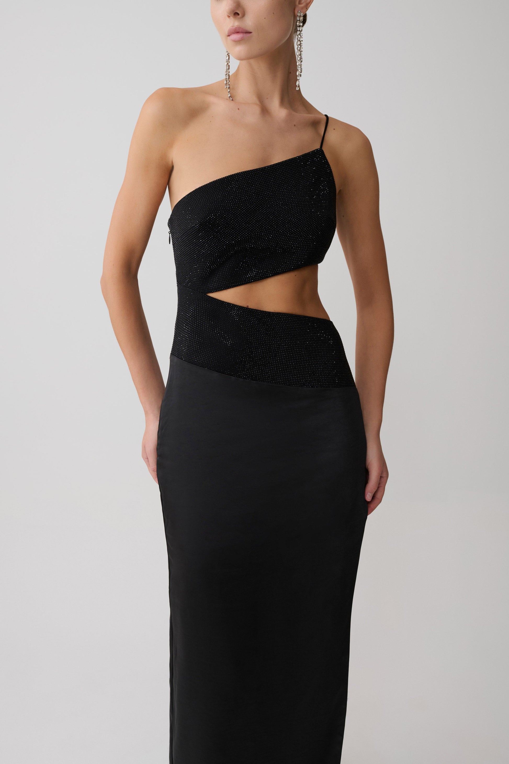 Athena One Shoulder Diamante Maxi Dress - Black #9