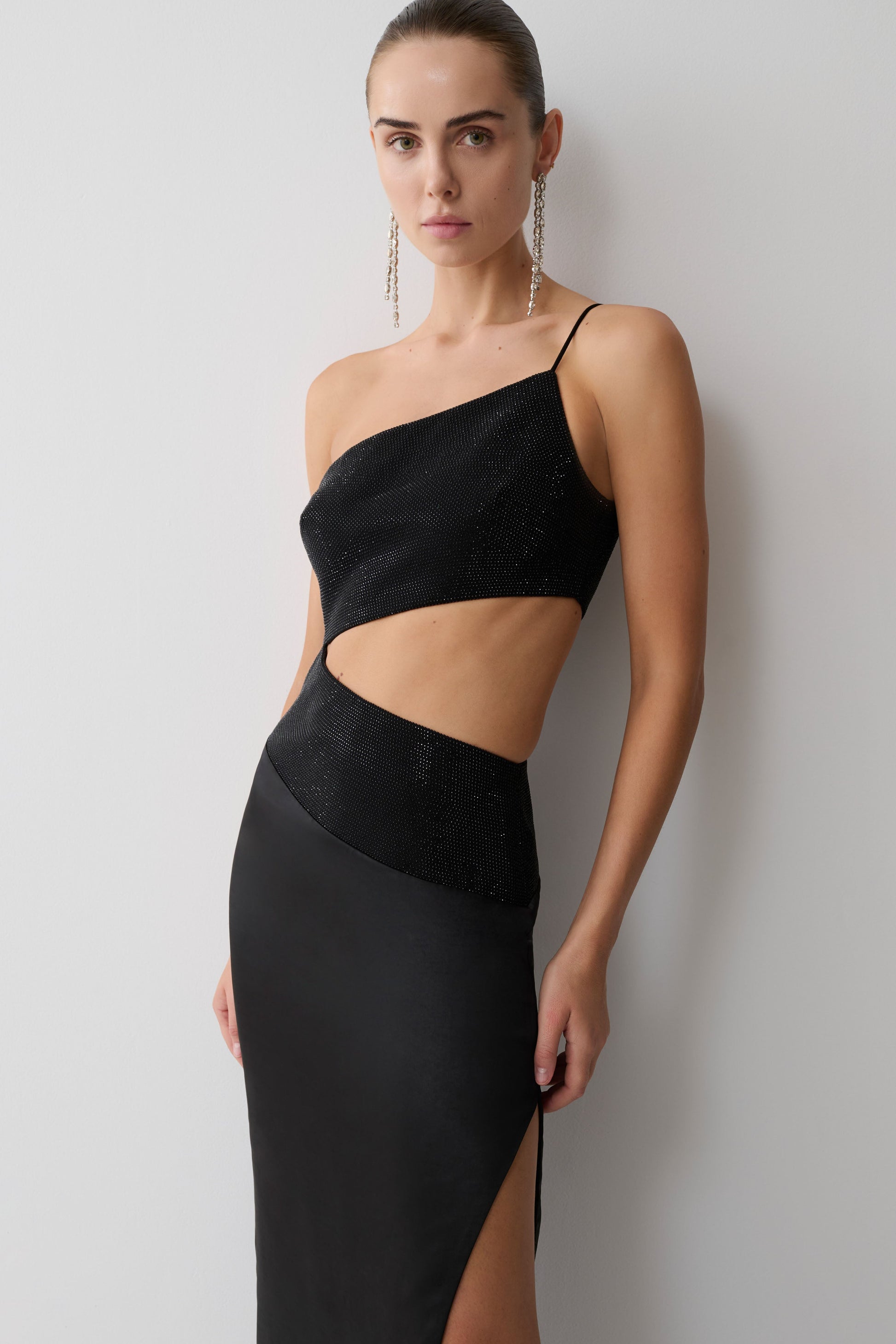 Athena One Shoulder Diamante Maxi Dress - Black #10