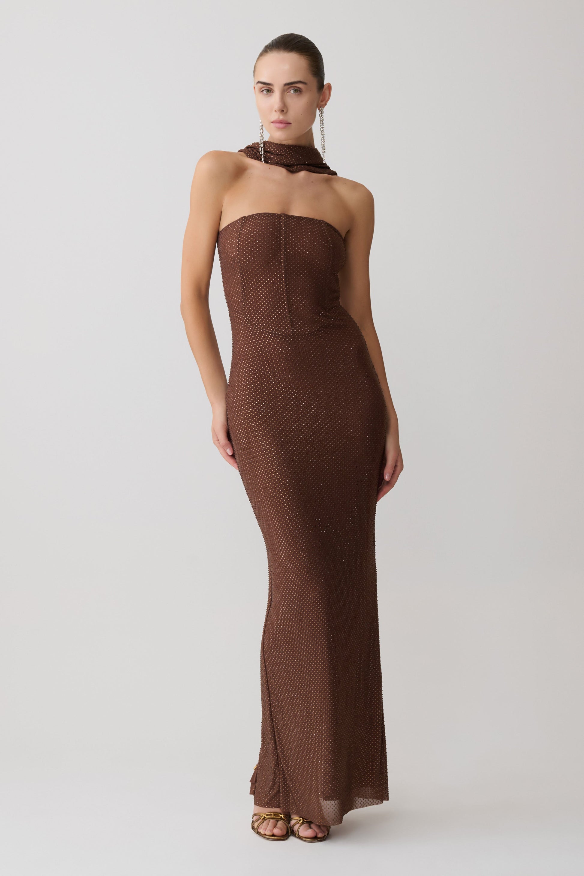 Phi Multi-Wear Cowl Diamante Maxi Dress - Chocolate #6
