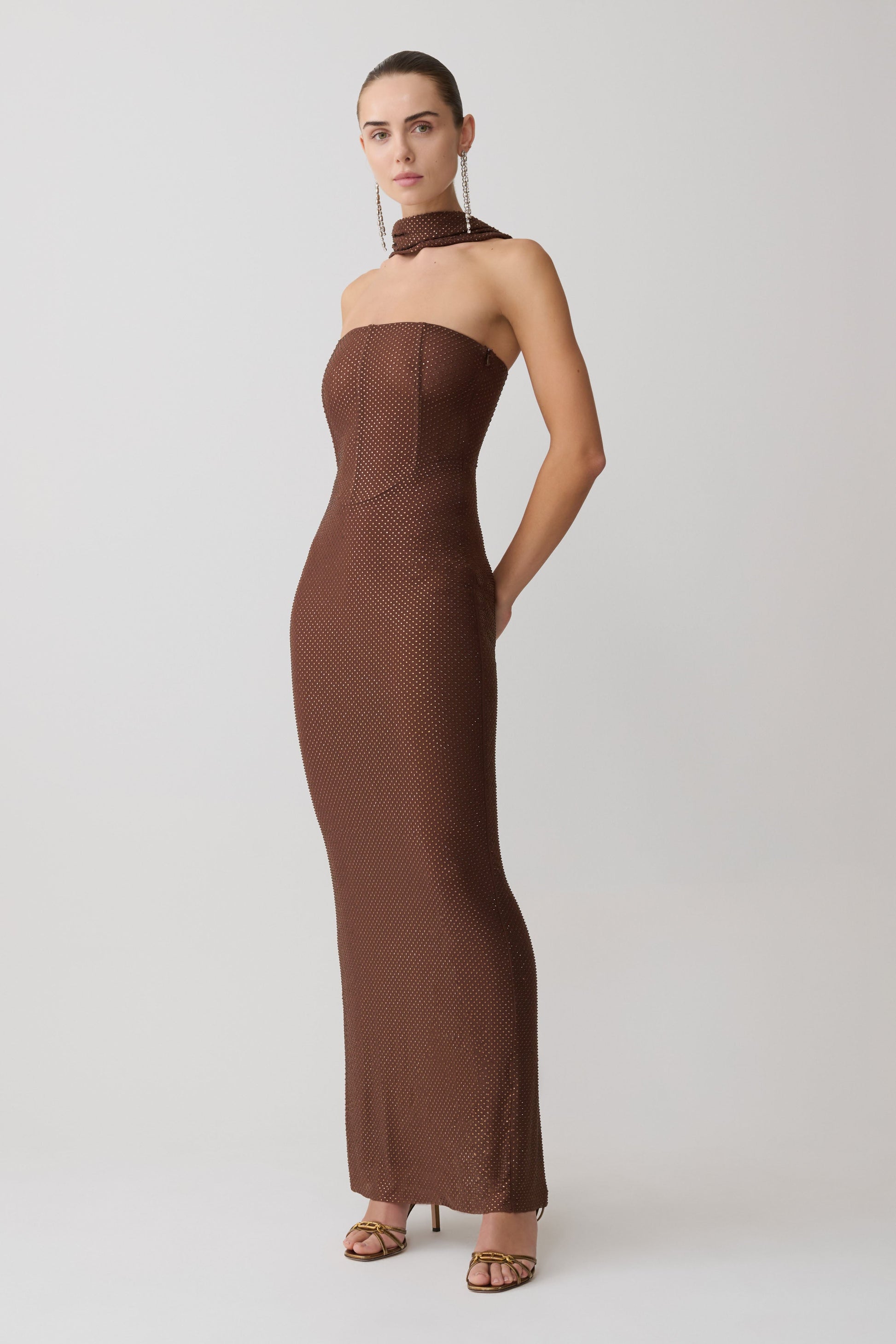 Phi Multi-Wear Cowl Diamante Maxi Dress - Chocolate #7