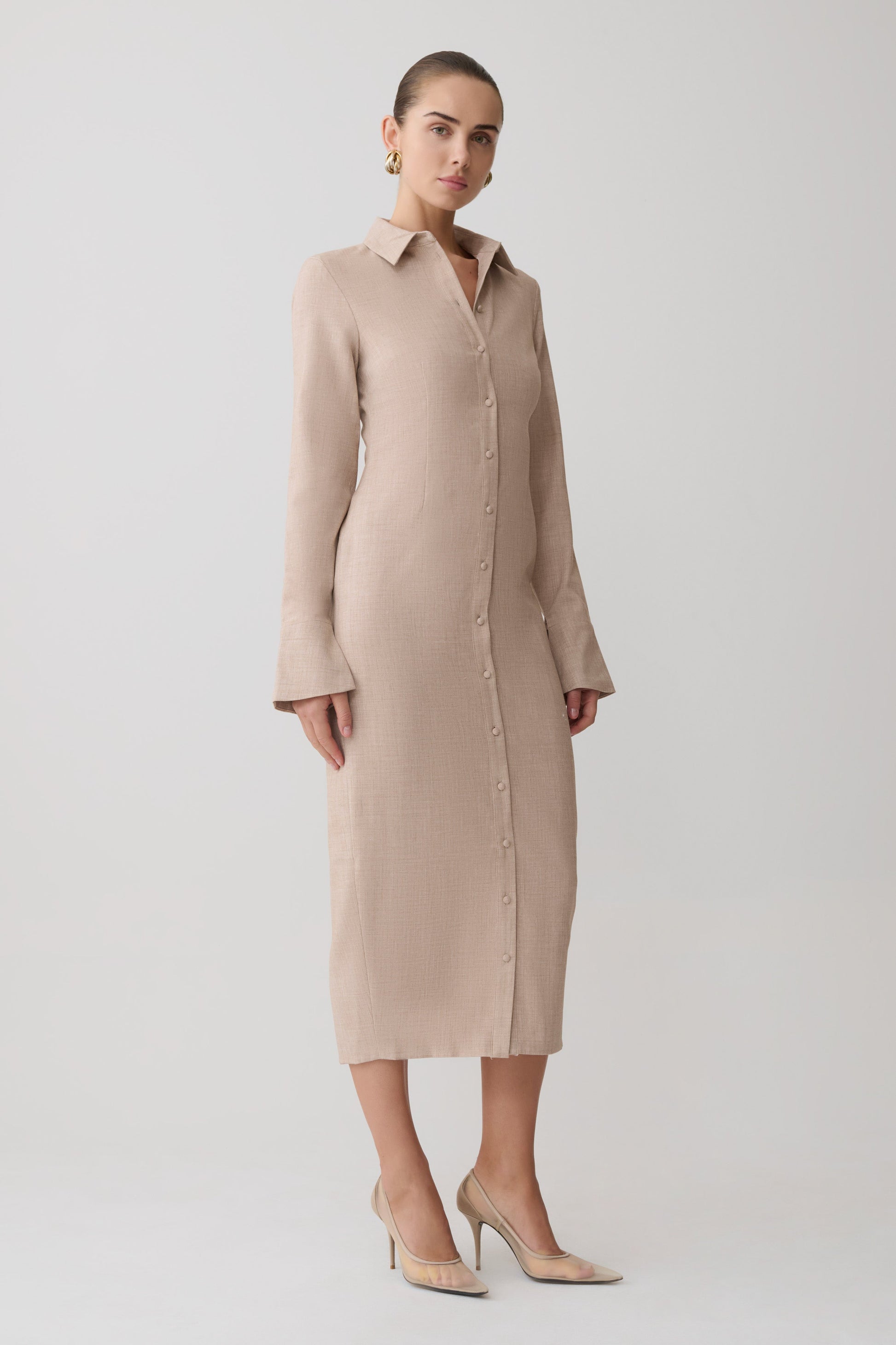 Dorian Fitted Shirt Midi Dress - Wheat Marle | MESHKI UK Dorian Fitted Shirt Midi Dress - Wheat Marle | MESHKI UK