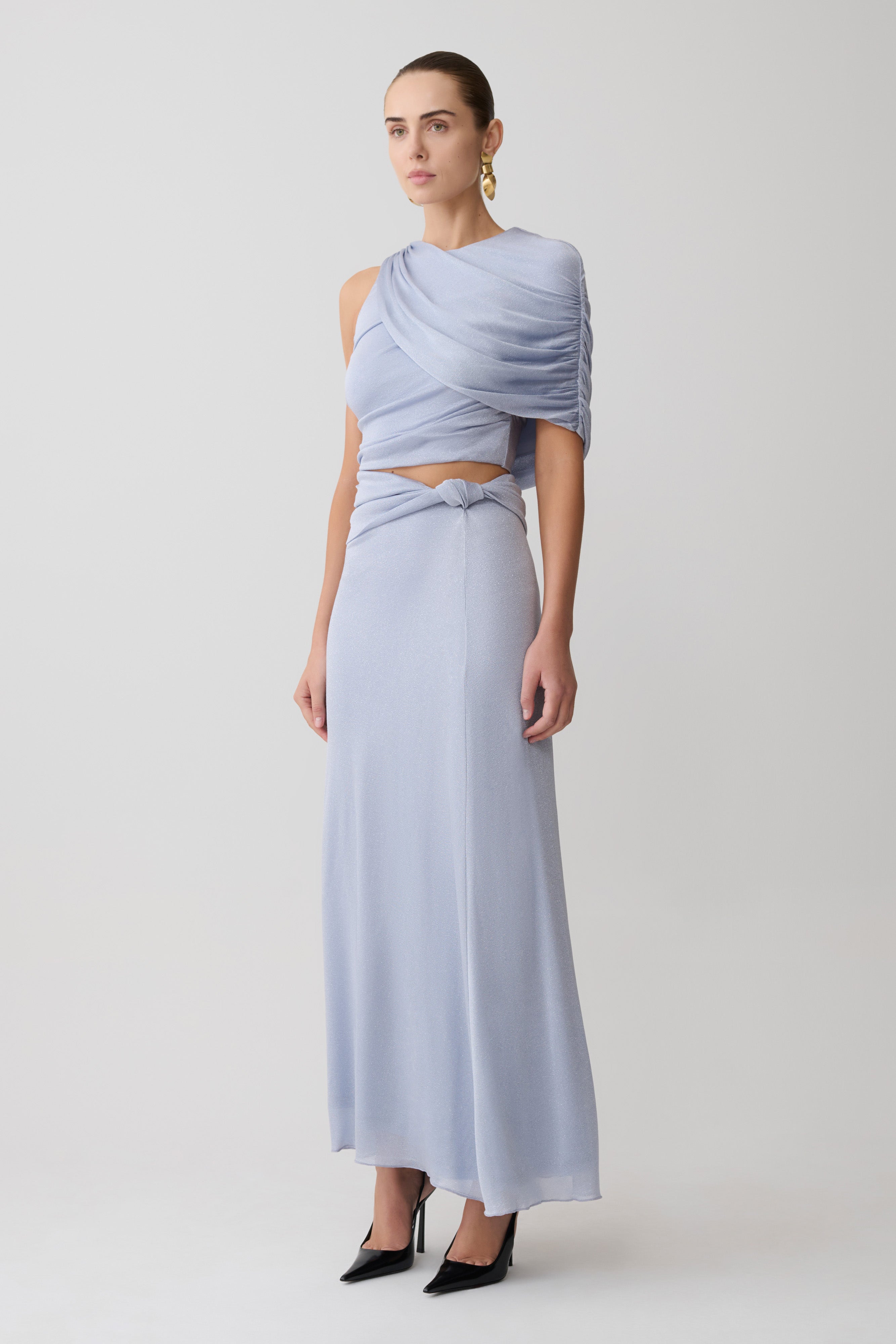 Adrienne Lurex Knot Maxi Skirt - Pastel Blue | MESHKI UK