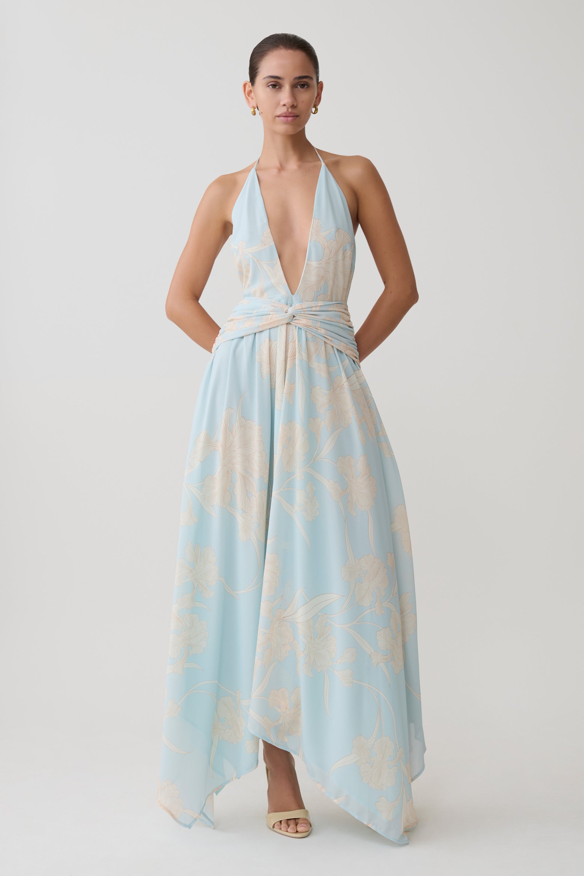Cyra Plunge Chiffon Midi Dress - Blue Floral Print #3