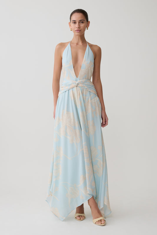 Cyra Plunge Chiffon Midi Dress - Blue Floral Print