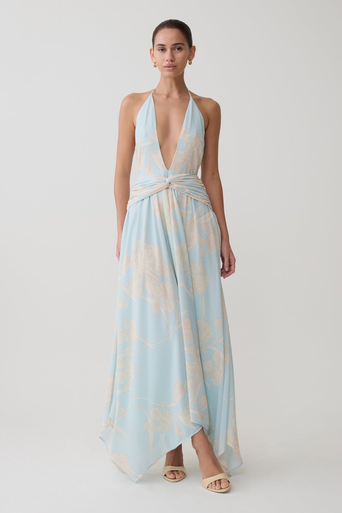 Cyra Plunge Chiffon Midi Dress - Blue Floral Print