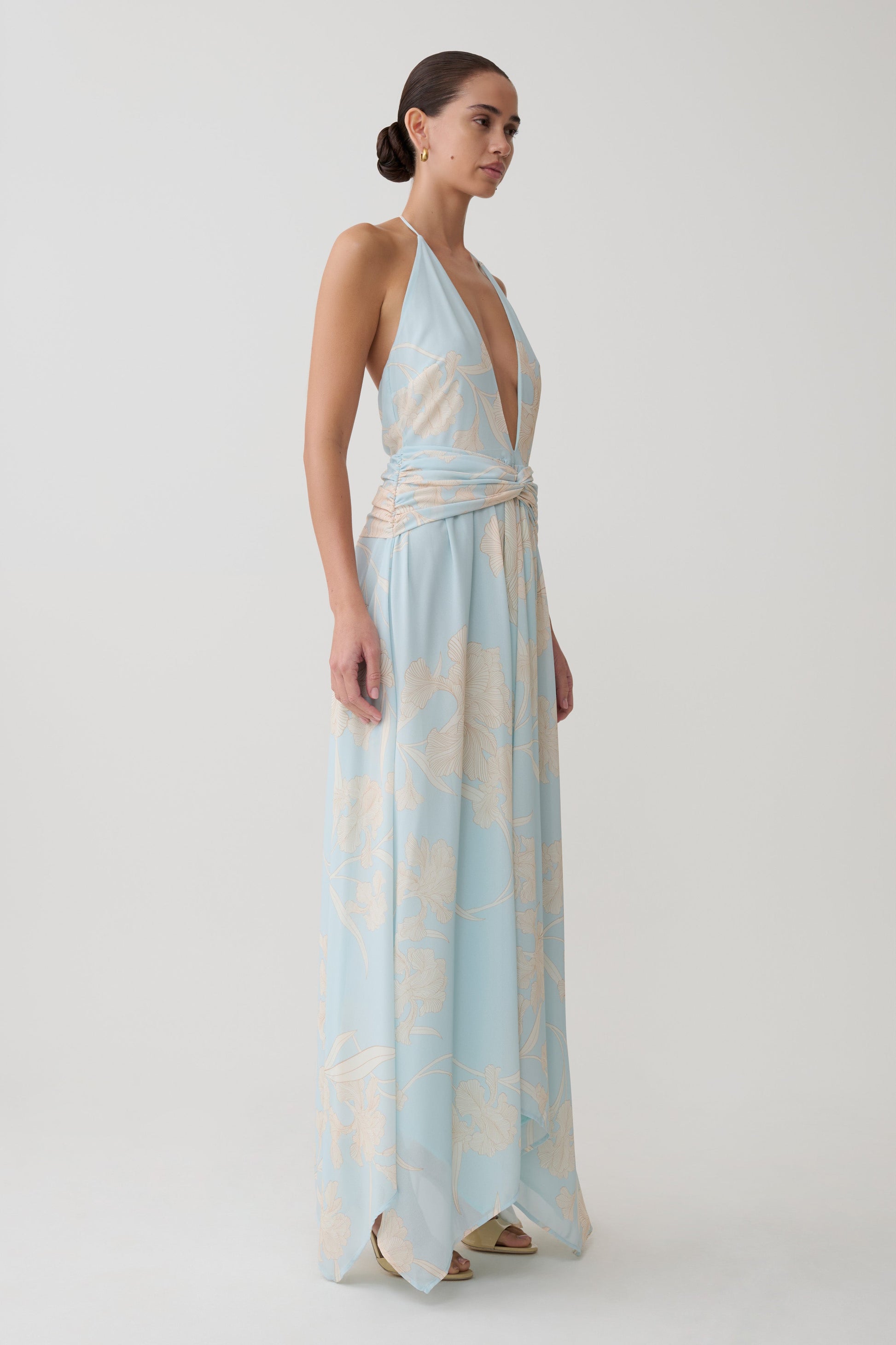 Cyra Plunge Chiffon Midi Dress - Blue Floral Print #5