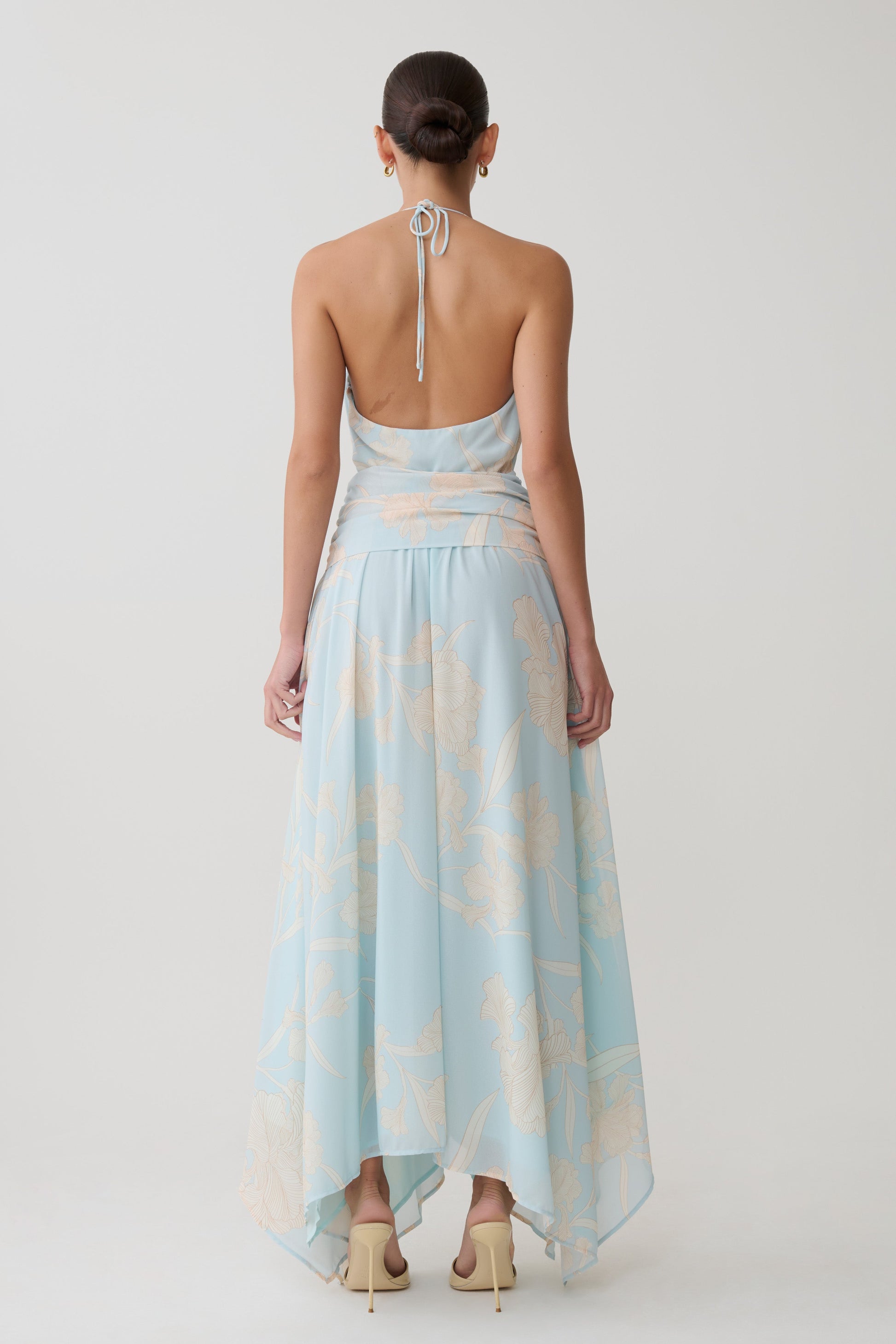 Cyra Plunge Chiffon Midi Dress - Blue Floral Print #4